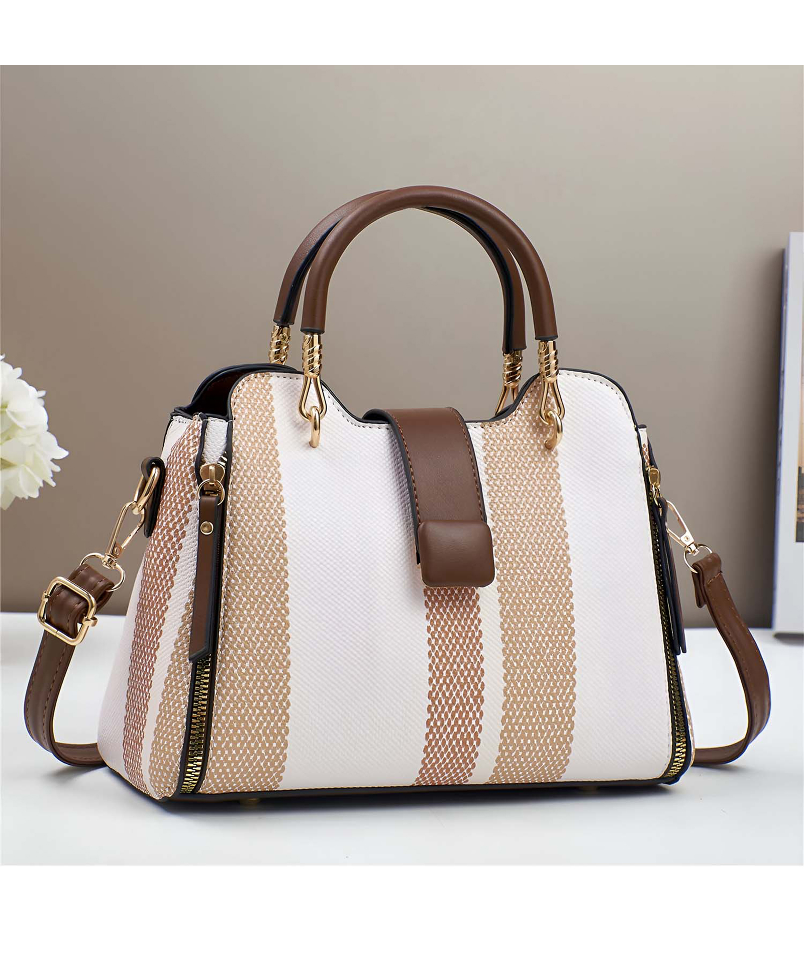 SYGA Women Elegant Woven Texture Handbag Tote with Handles & Adjustable Shoulder Strap Stylish Casual Bag (Beige)-image-4