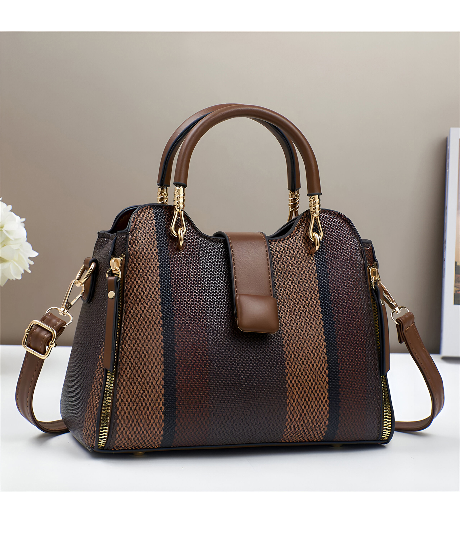 SYGA Women Elegant Woven Texture Handbag Tote with Handles & Adjustable Shoulder Strap Stylish Casual Bag (Dark Brown)-image-6