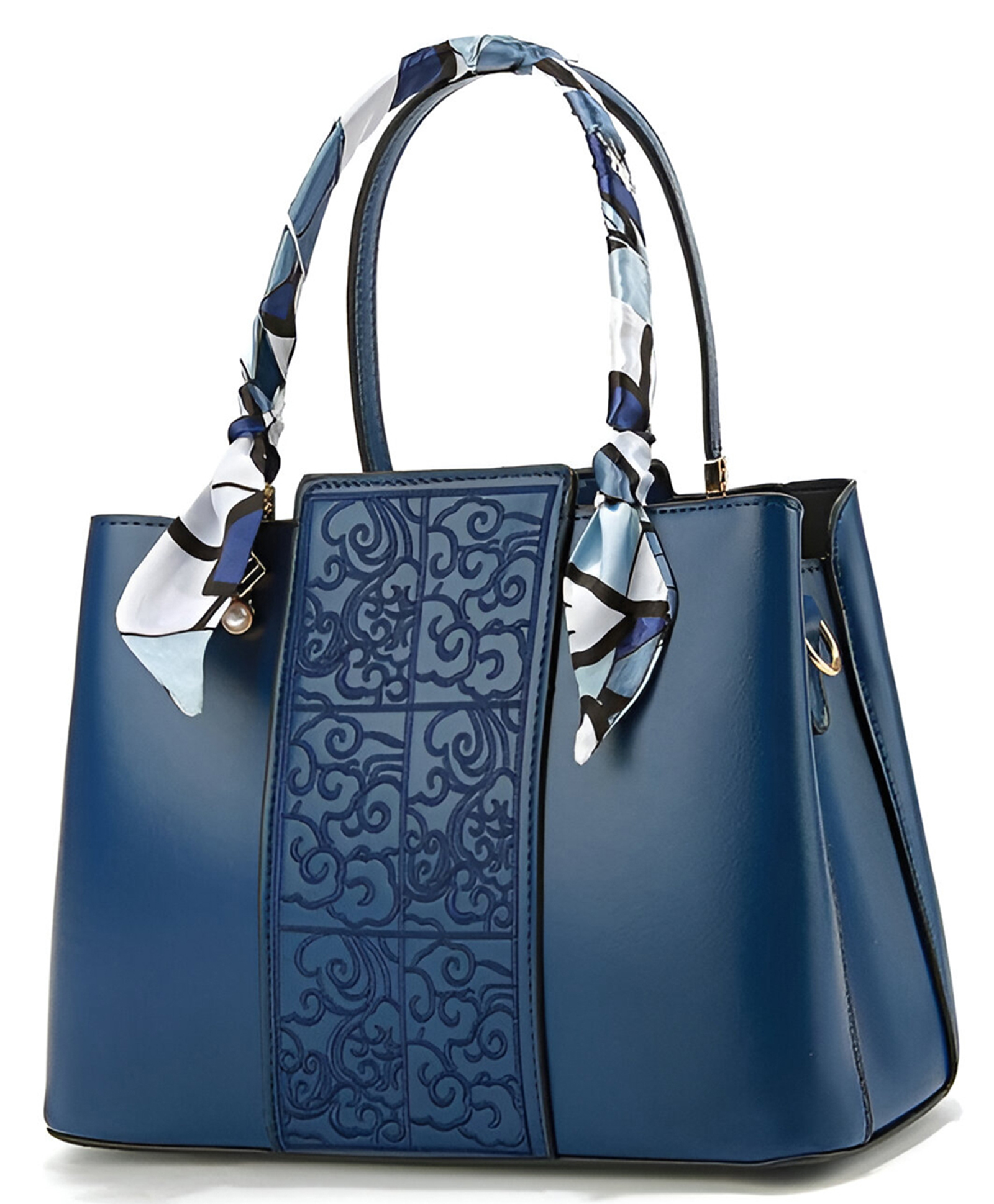 SYG Women Elegant Embroidered Handbag with Silk Scarf Handle (Blue)-image-10