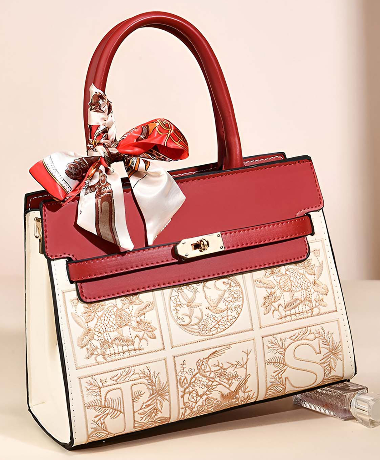 SYGA Women Elegant Contrast Stitch Tote Bag Handbag with Scarf Accent, (Red)-image-48