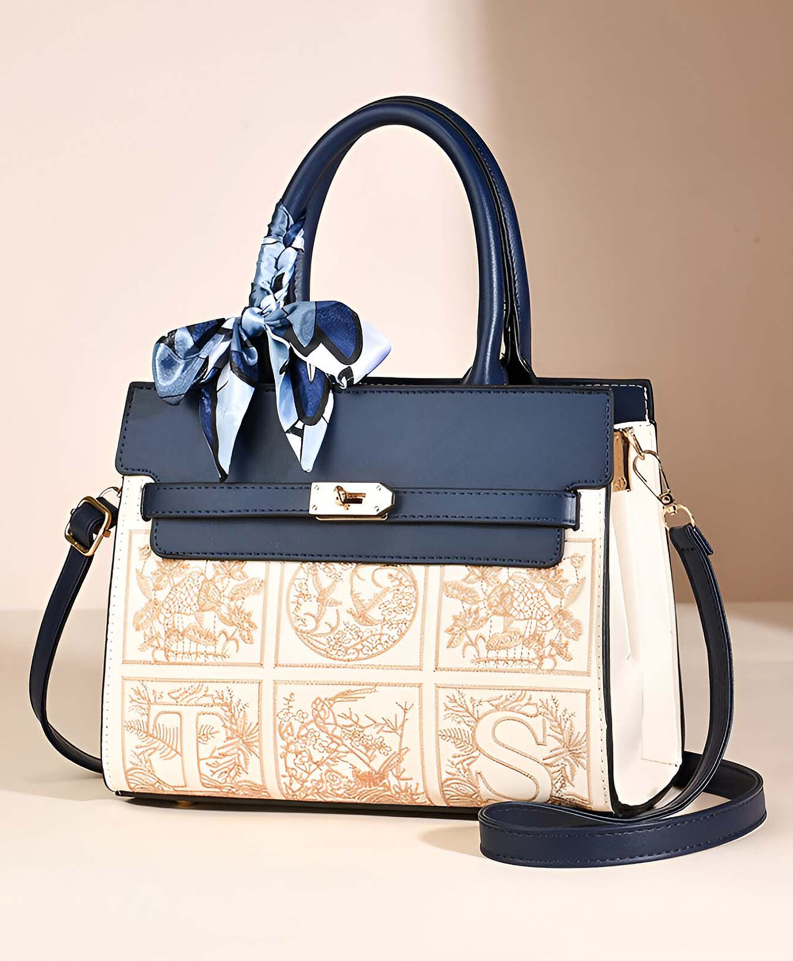 SYGA Women Elegant Contrast Stitch Tote Bag Handbag with Scarf Accent, (Blue & White)-image-18