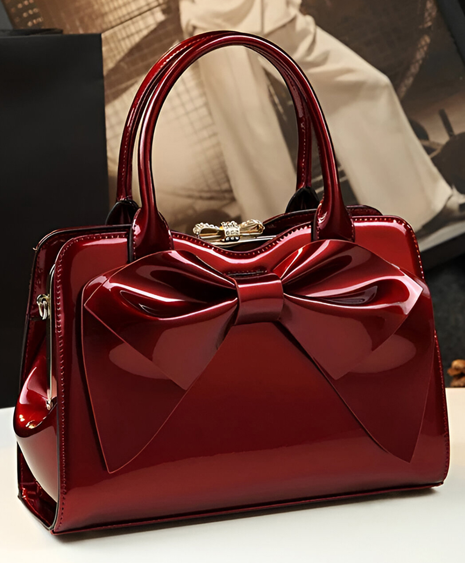 SYGA Women Elegant Glossy Bow Shell Handbag Double Handle PU Tote for Daily Chic(Burgundy)-picture-18
