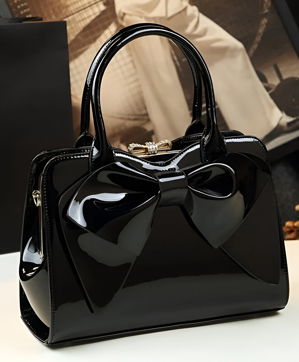 SYGA Women Elegant Glossy Bow Shell Handbag Double Handle PU Tote for Daily Chic(Black)-picture-19