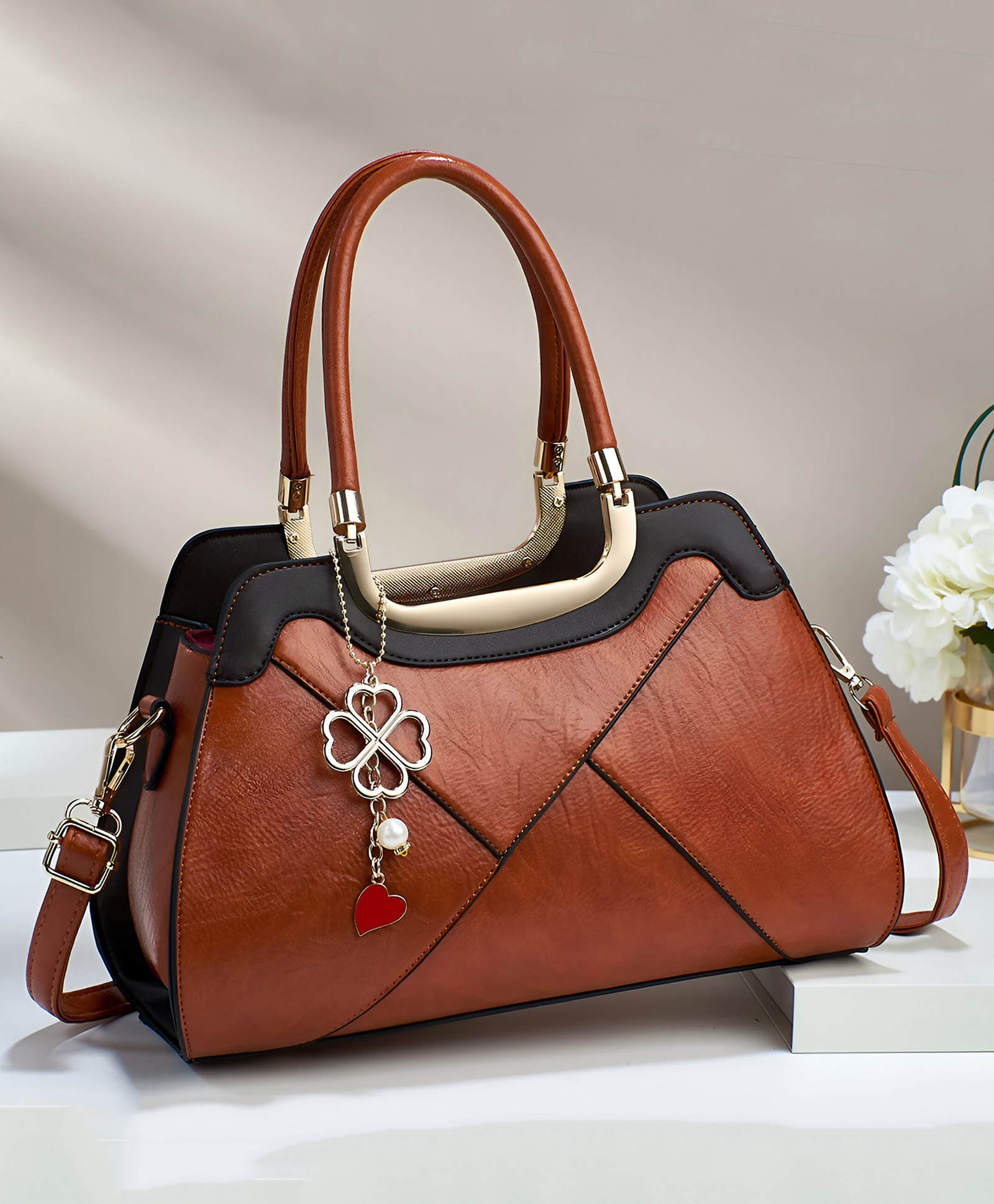 SYGA Women Pillow-Shaped Handbag | Elegant Stitching & Contrast Color Design | Zipper Closure Bag for Daily Use (Brown)-image-29
