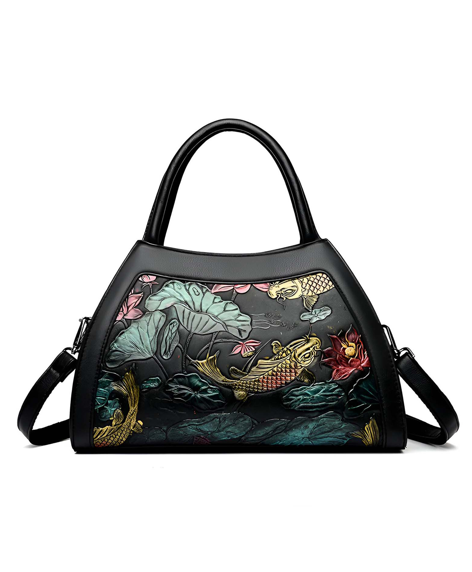 SYGA Women Elegant Peacock Embossed Shell Handbag Stylish Shoulder Purse with Artistic Detailing(Lucky Fish Black)-picture-12