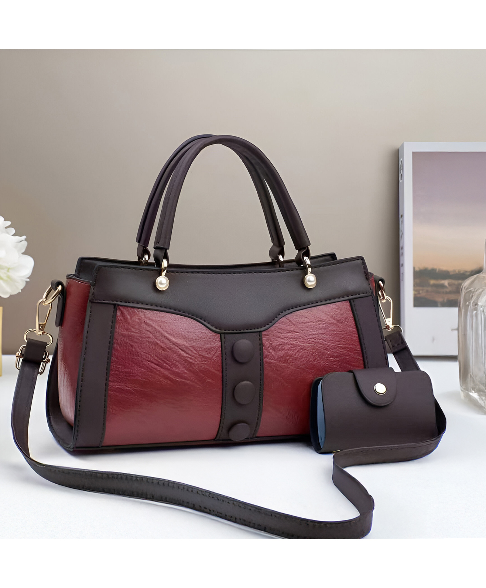 SYGA Women's Handbag and Wallet Set Stylish Shoulder Bag with Contrast Color Stitching, Zipper Buckle Closure Daily Use Fashion Purse (Wine Red)-image-3