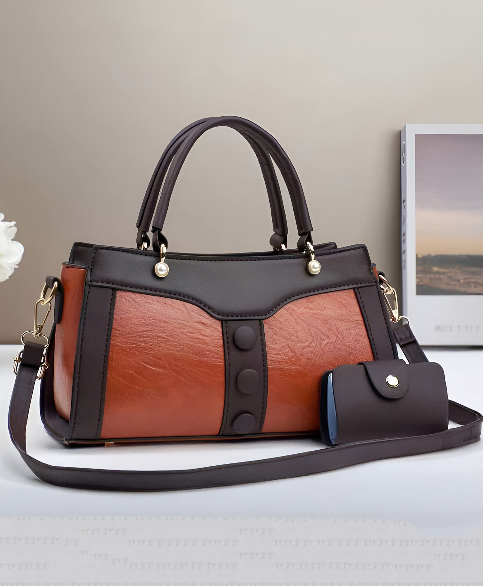 SYGA Women's Handbag and Wallet Set Stylish Shoulder Bag with Contrast Color Stitching, Zipper Buckle Closure Daily Use Fashion Purse (Brown)-picture-19