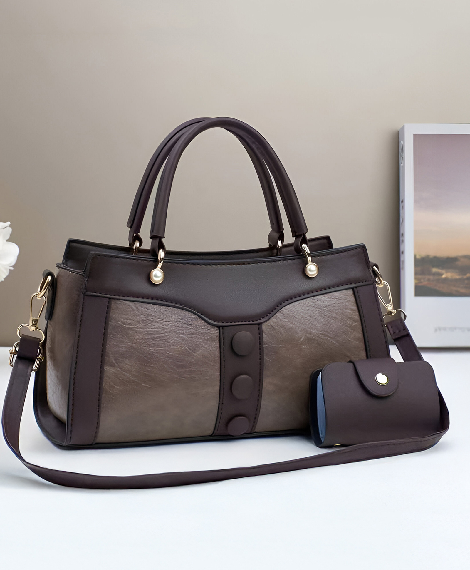 SYGA Women's Handbag and Wallet Set Stylish Shoulder Bag with Contrast Color Stitching, Zipper Buckle Closure Daily Use Fashion Purse (Grey)-image-23