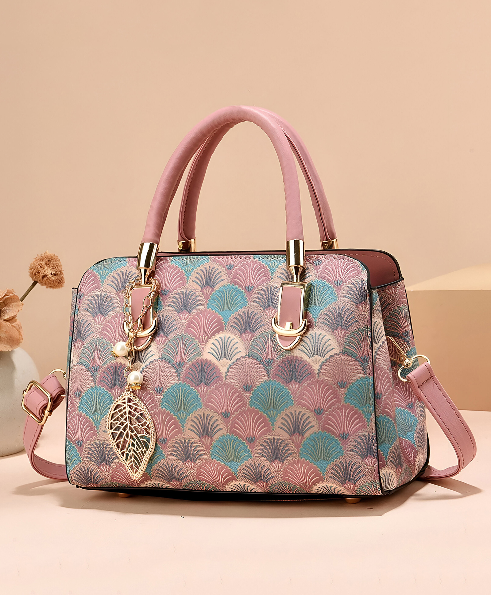 SYGA Women Stylish Tote Bag with Contrasting Colors Medium Capacity Daily Shoulder Handbag(Flower Pink)-image-3