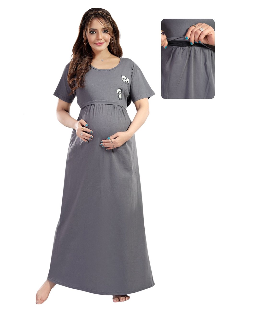 Fabme Cotton Knit Half Sleeves Baby Pandas Printed Night Dress With Nursing Access - Grey-image-22