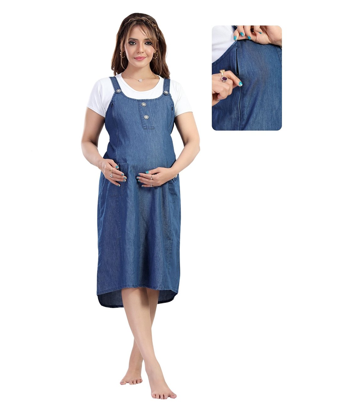 Fabme Denim Woven Half Sleeves Solid Maternity Dungaree Dress With Nursing Access With Attached Tee - Blue-image-30
