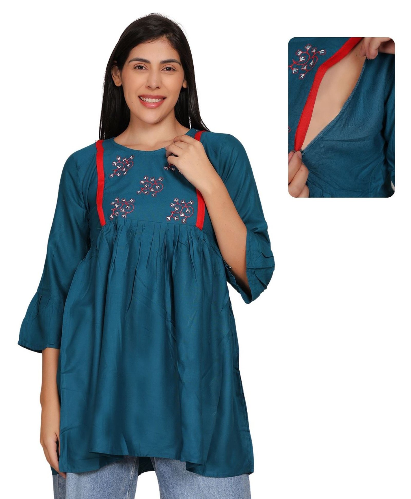 Fabme Cotton Knit Half Bell Sleeves Leaves Embroidered Maternity Top With Nursing Access - Green-image-39