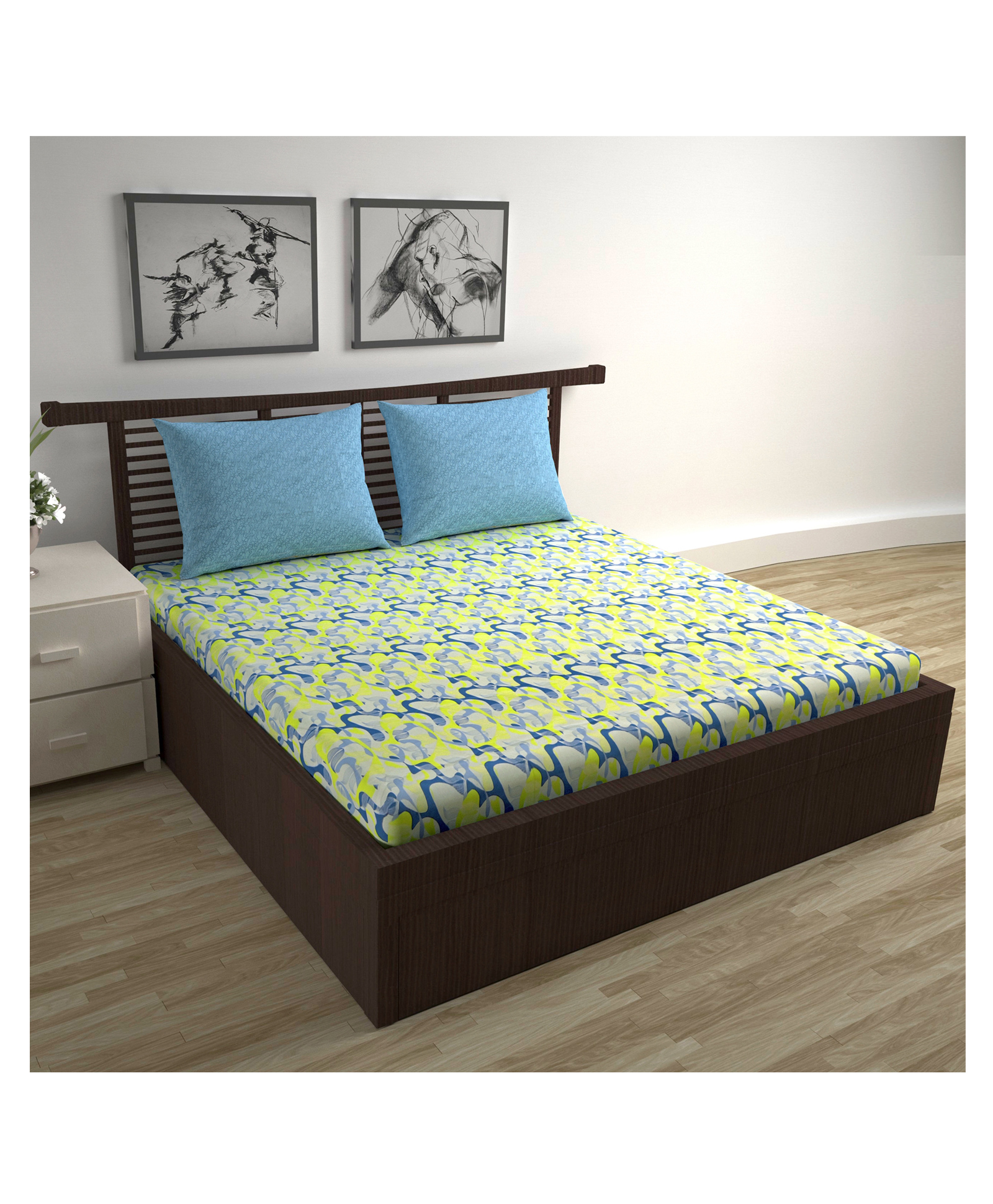 Divine Casa 144 TC Abstract Print Navy & Yellow Double Size 100% Cotton Bedsheet with 2 Pillow Covers (222 X 254 cm)-image-2