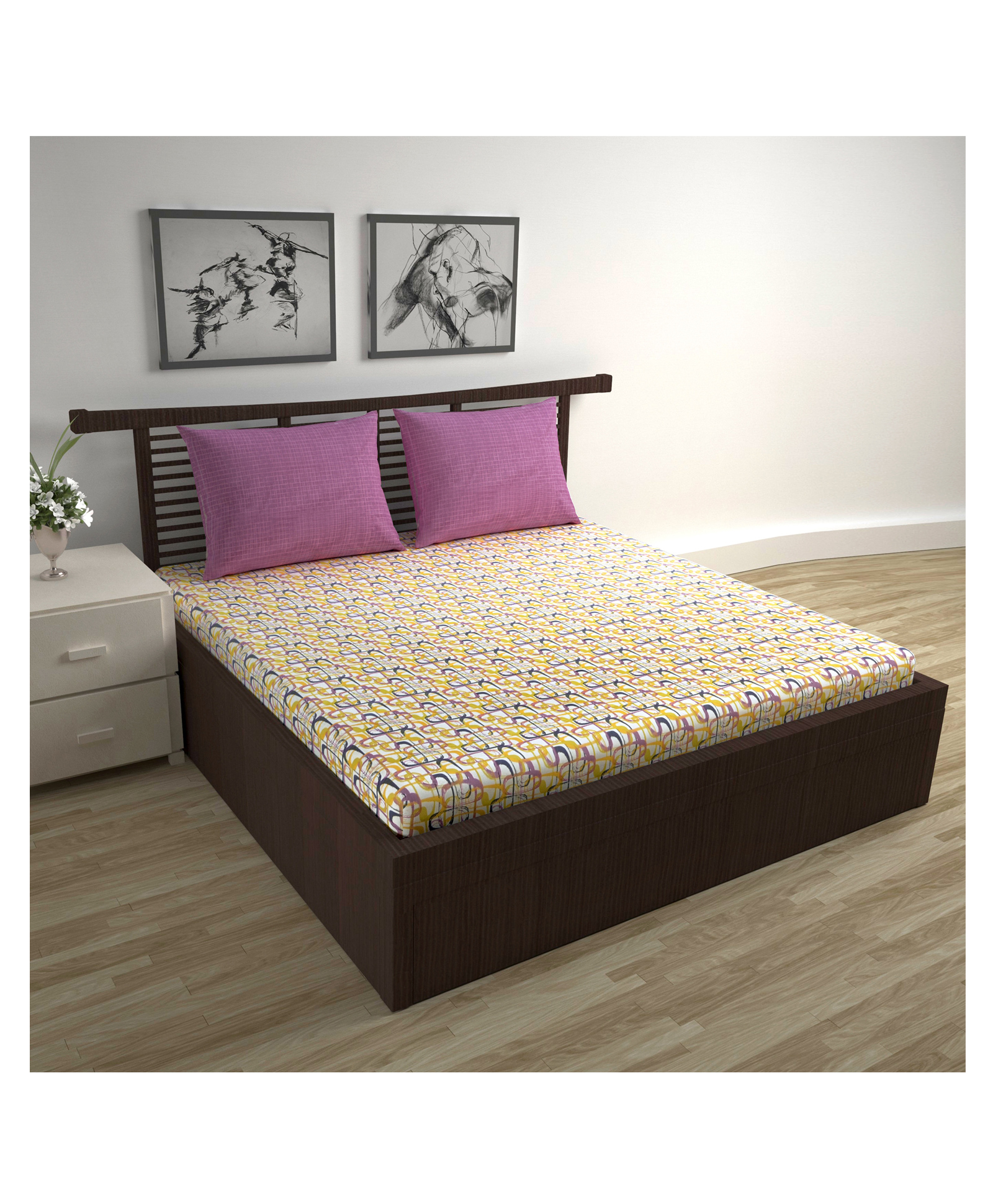 Divine Casa 144 TC Abstract Print Spectra Yellow Double Size 100% Cotton Bedsheet with 2 Pillow Covers (222 X 254 cm)-image-1