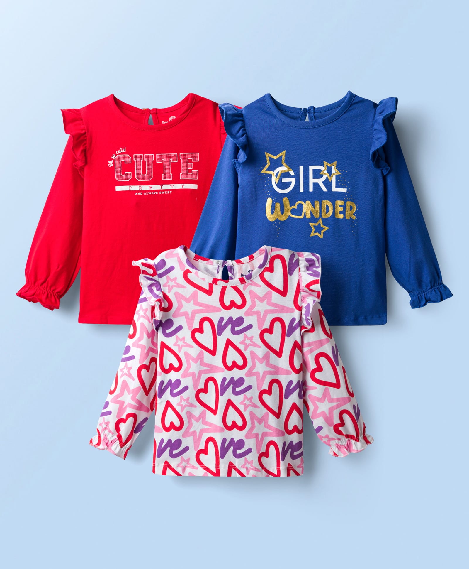 Doodle Poodle 100% Cotton Knit Full Sleeves Text & Heart Printed Tops with Frill Detailing Pack of 3 - Limoges Blue Bright White & High Risk Red-image-46