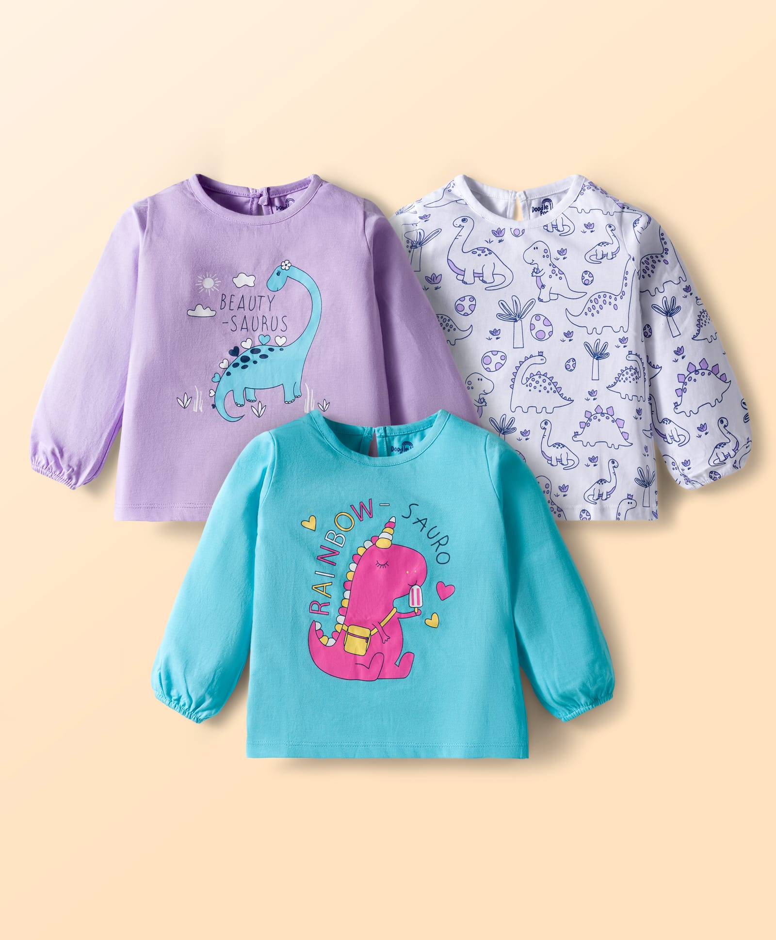 Doodle Poodle 100% Cotton Knit Full Sleeves Dino Printed Tops Pack of 3 - White Light Blue & Lavender-image-26