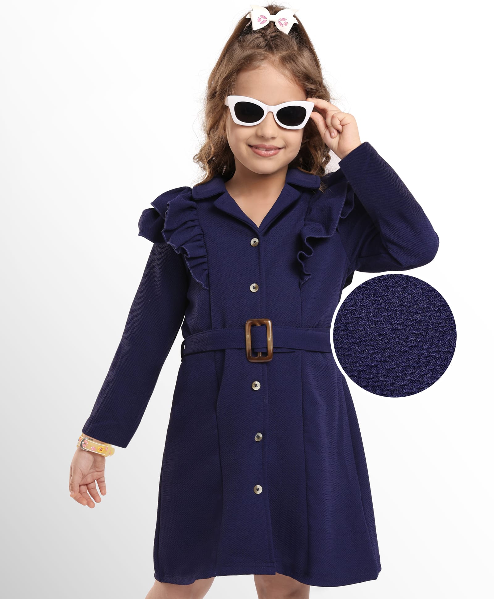 Hola Bonita Knit Full Sleeves Textured Solid Color Frock with Belt & Frill Detailing - Navy Blue-picture-18