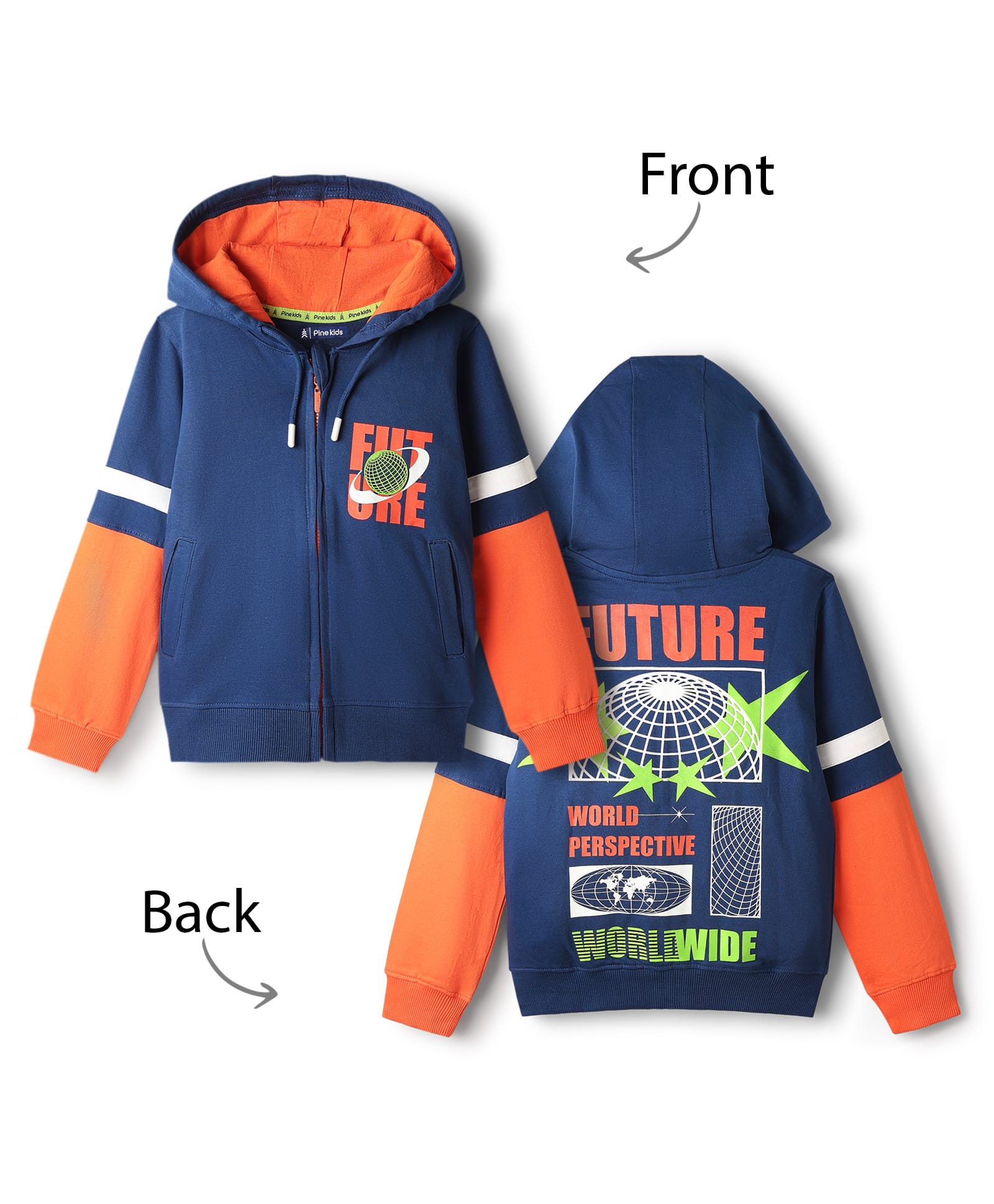 Pine Kids Cotton Knit Full Sleeves Hooded Sweatjacket With Future Print - Navy Blue & Orange-picture-26
