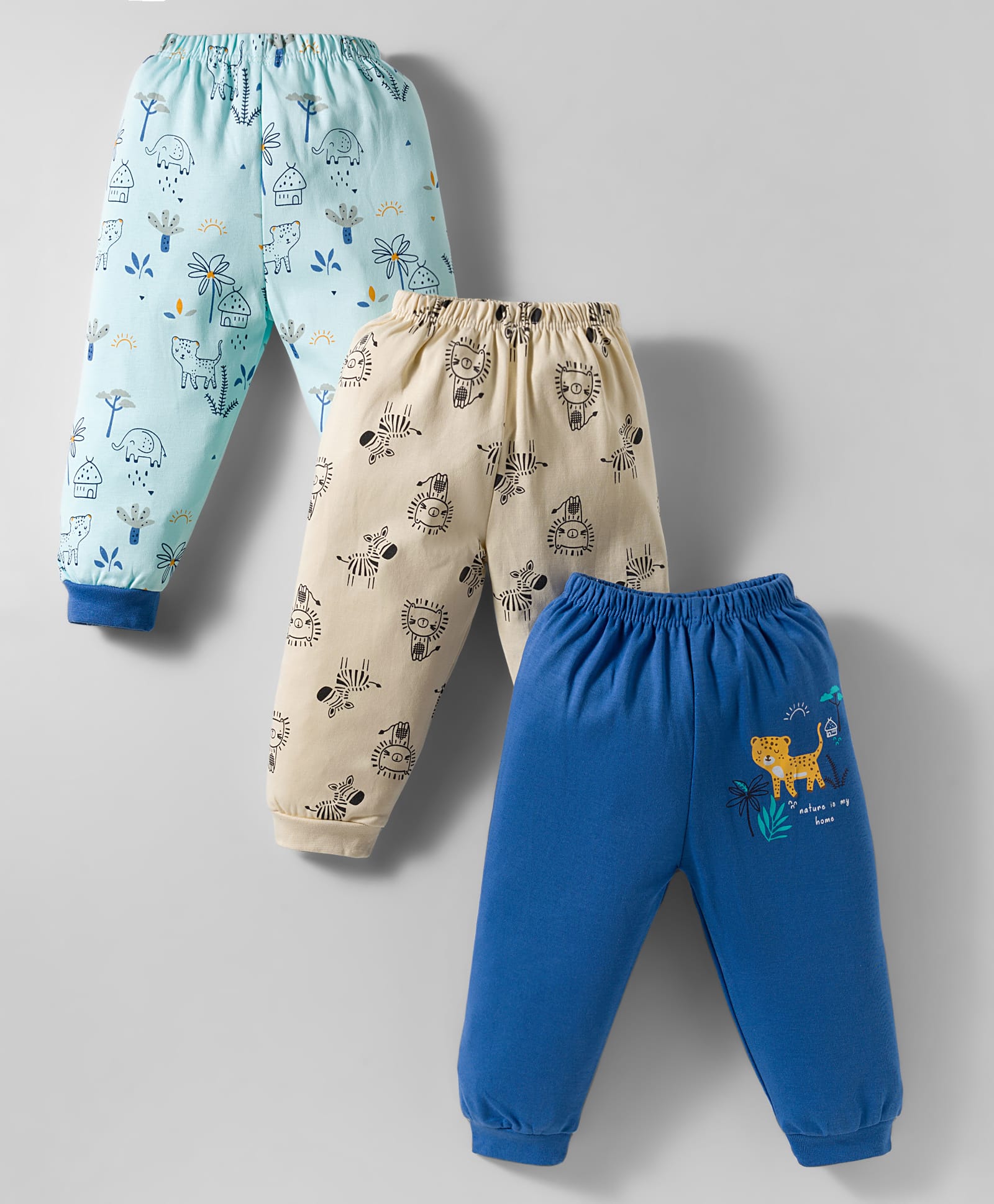 mini donuts interlock knit full length lounge pant set with animal print pack of 3 - blue light blue & beige