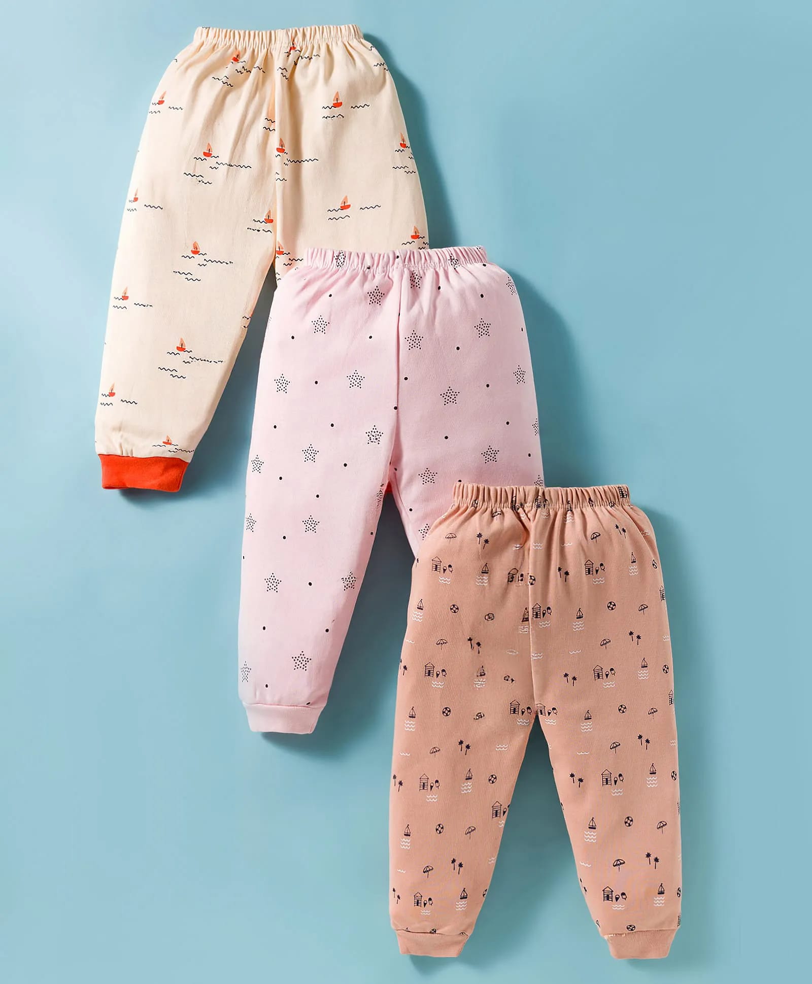 Mini Donuts Interlock Knit Full Length Lounge Pant With Stripes & Bird Print Pack of 3 - Red & Beige-picture-21