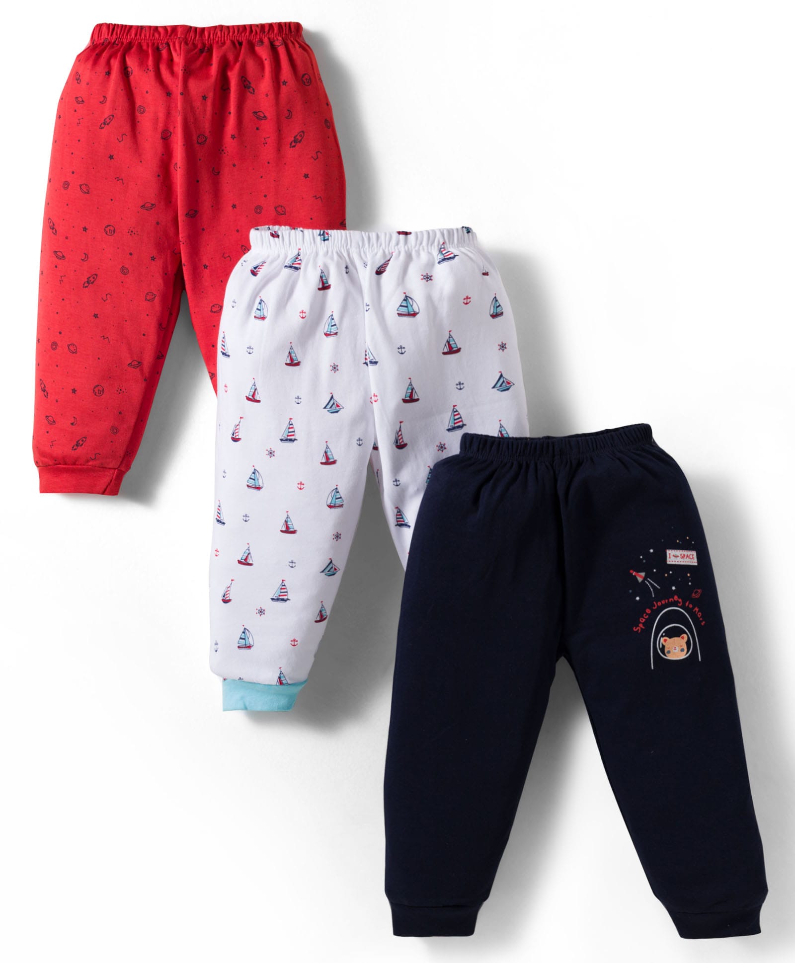 mini donuts interlock knit full length lounge pant with space theme print pack of 3 - red white & navy blue