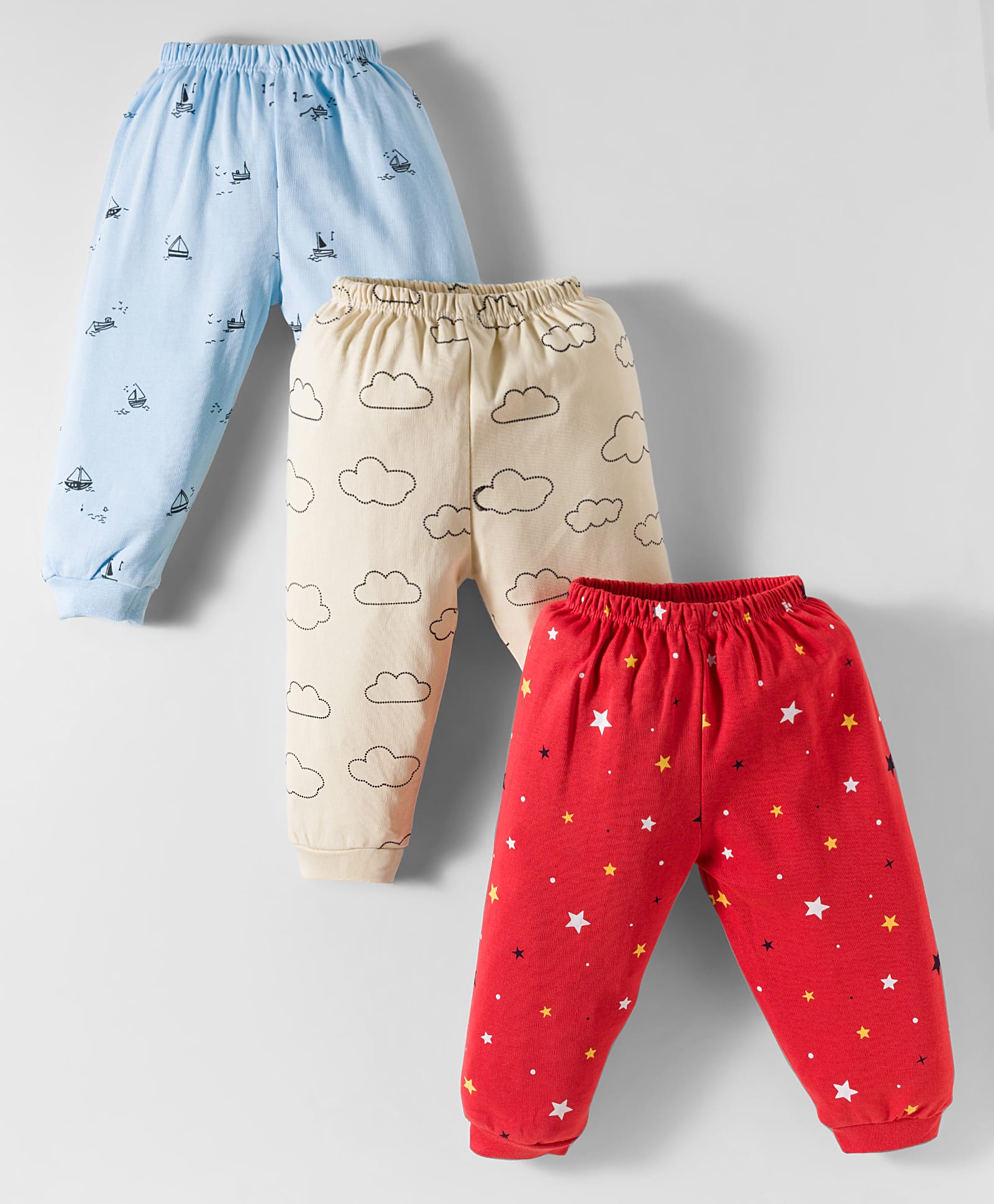 Mini Donuts Interlock Knit Full Length Lounge Pant With Star & Cloud Pack Of 3 - Red Light Blue & Beige-image-33