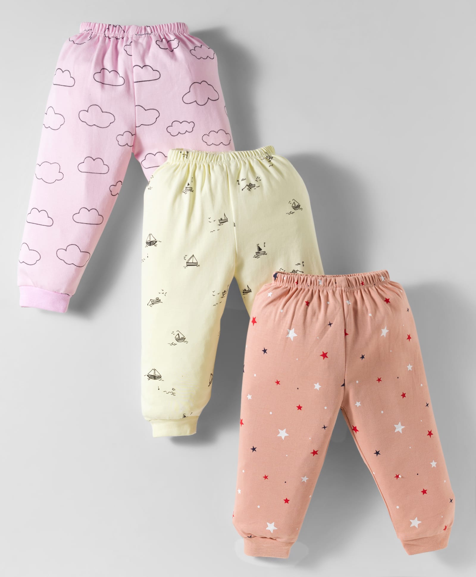 Mini Donuts Interlock Knit Full Length Lounge Pant With Cloud & Star Print Pack Of 3 - Pink Lemon & Tan-picture-21
