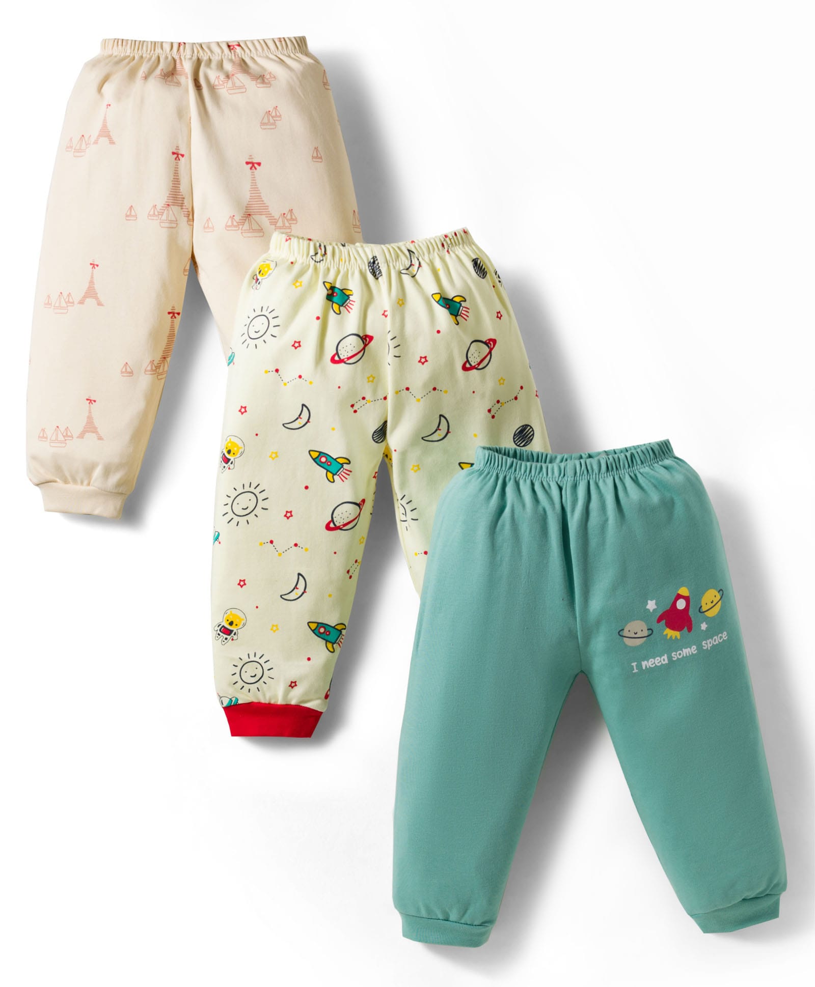 Mini Donuts Interlock Knit Full Length Lounge Pant With Space Theme Print Pack Of 3 - Teal Blue Beige & Lemon-picture-16