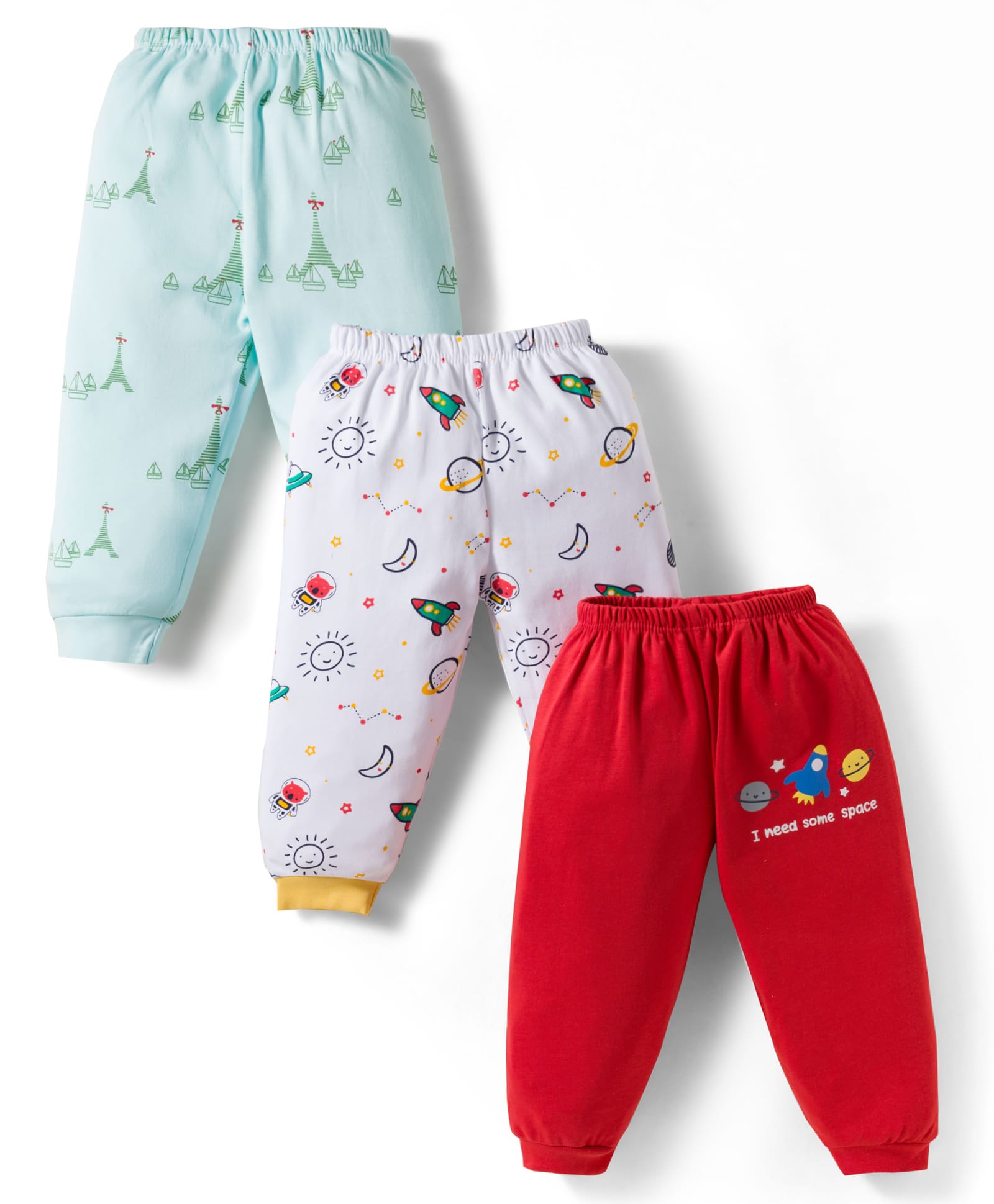Mini Donuts Interlock Knit Full Length Lounge Pant With Space Theme Print Pack Of 3 - White Red & Sea Green-picture-22