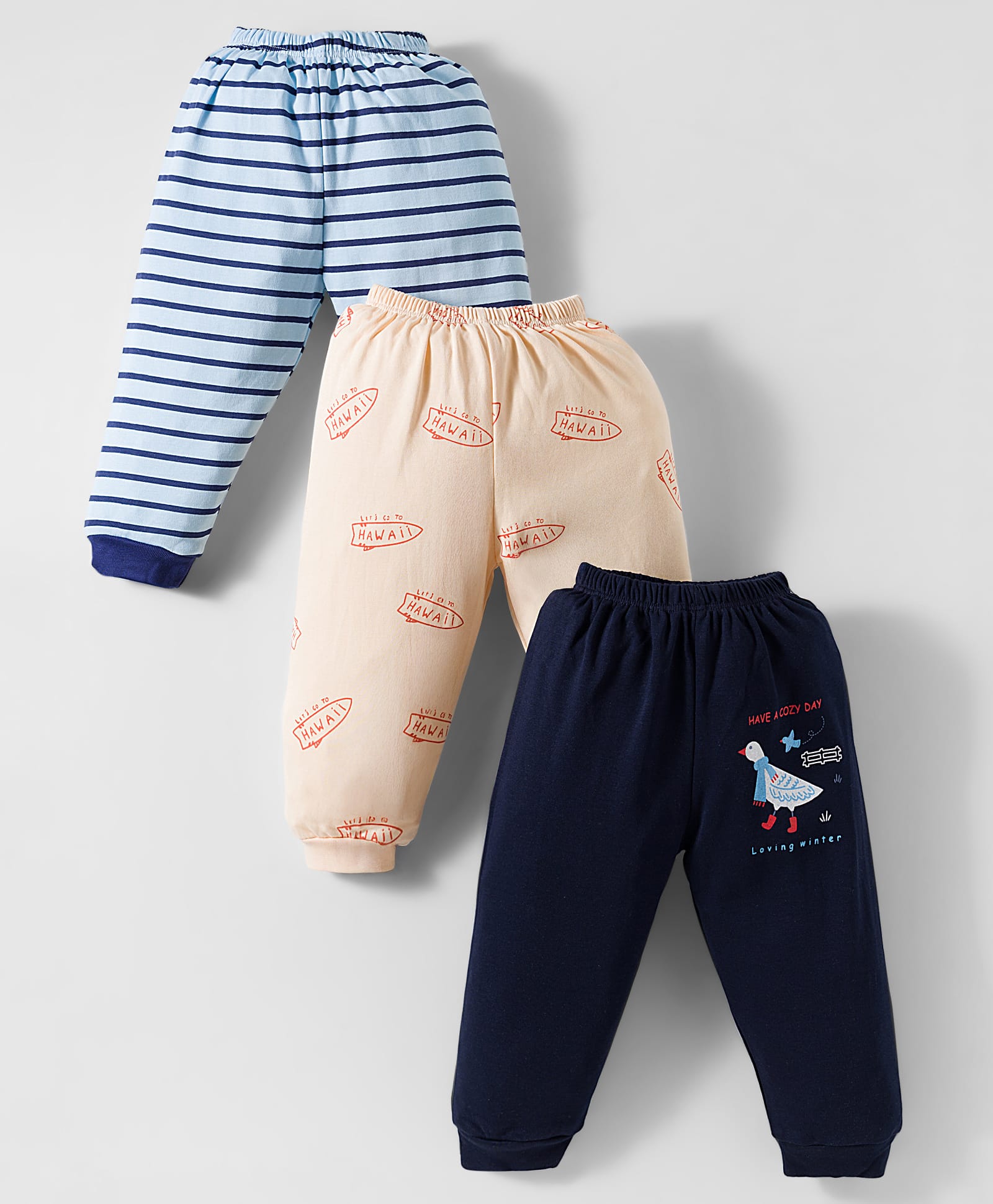 Mini Donuts Interlock Knit Lounge Pant With Stripes & Bird Print Pack Of 3 - Navy Blue Light Blue & Light Orange-image-17