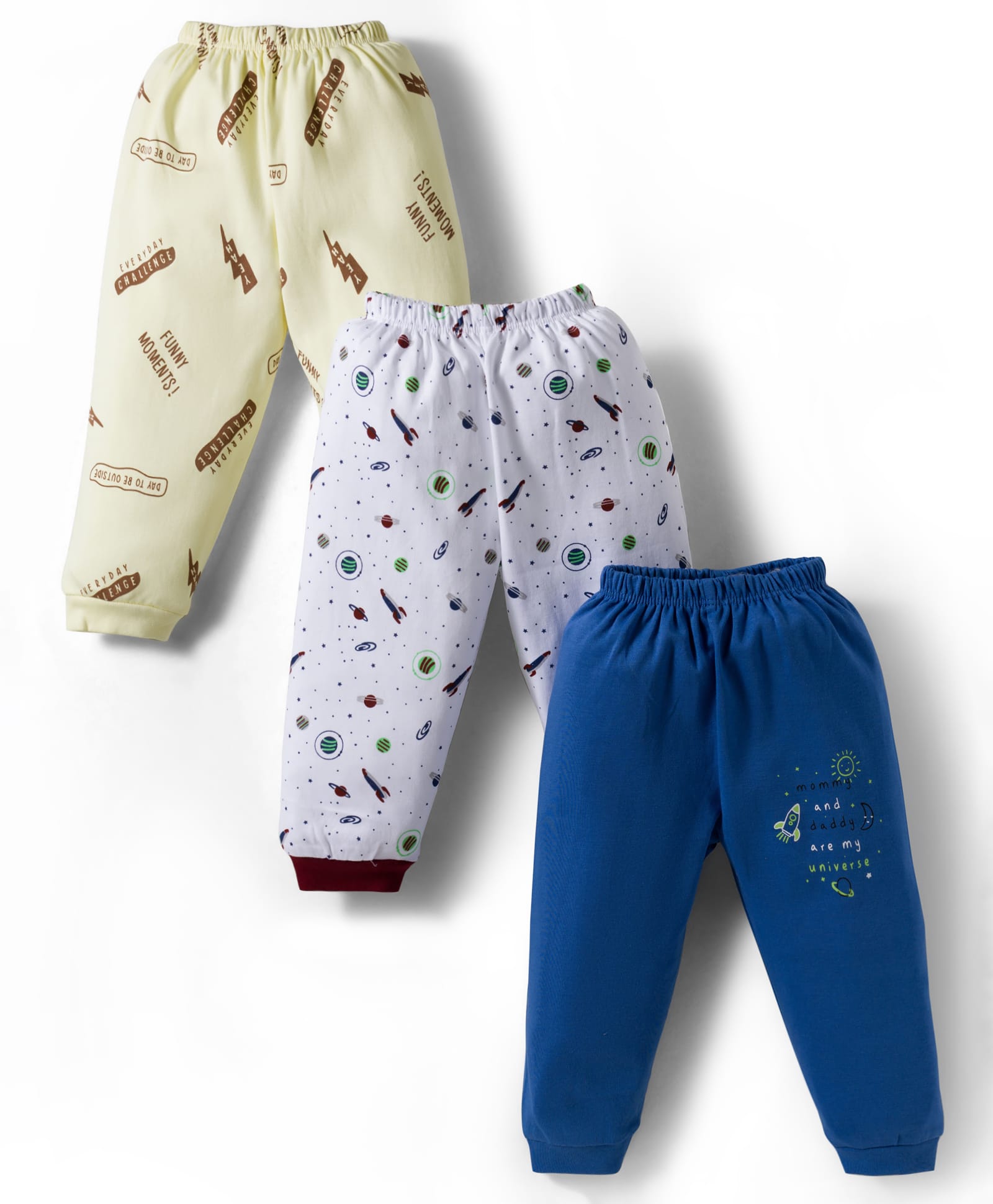 Mini Donuts Interlock Knit Full Length Lounge Pant With Space Theme Print Pack Of 3 - Blue White & Lemon-picture-13
