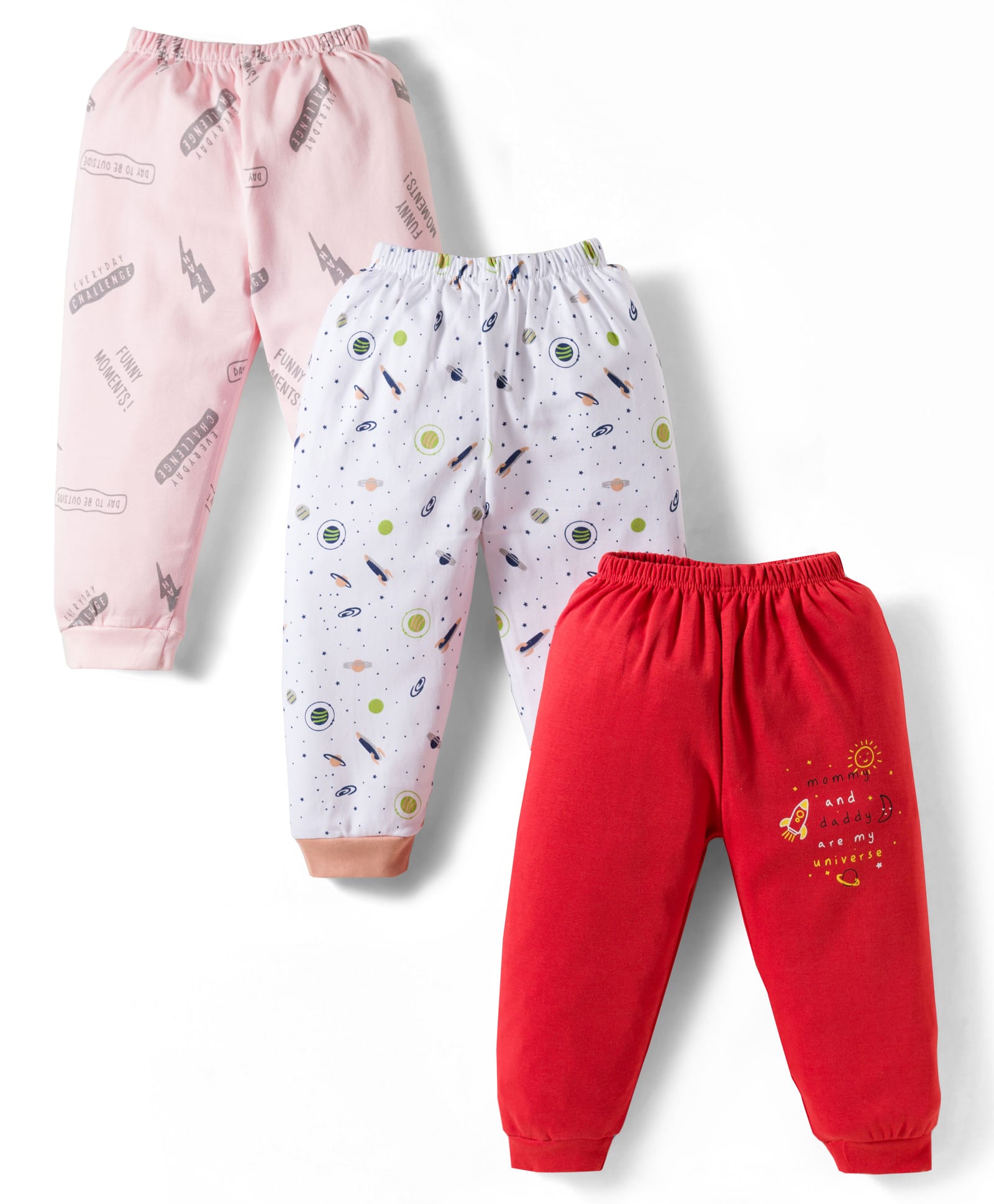 Mini Donuts Interlock Knit Full Length Lounge Pant With Space Theme Print Pack Of 3 - Red Pink & White-picture-12