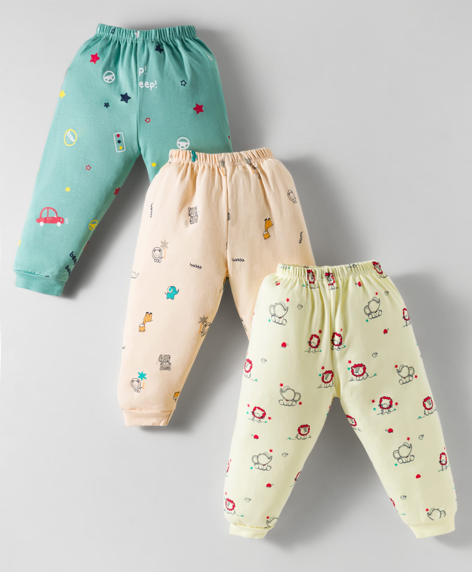 Mini Donuts Interlock Knit Full Length Lounge Pants With Vehicle Print Pack Of 3 - Teal Blue Cream & Light Yellow