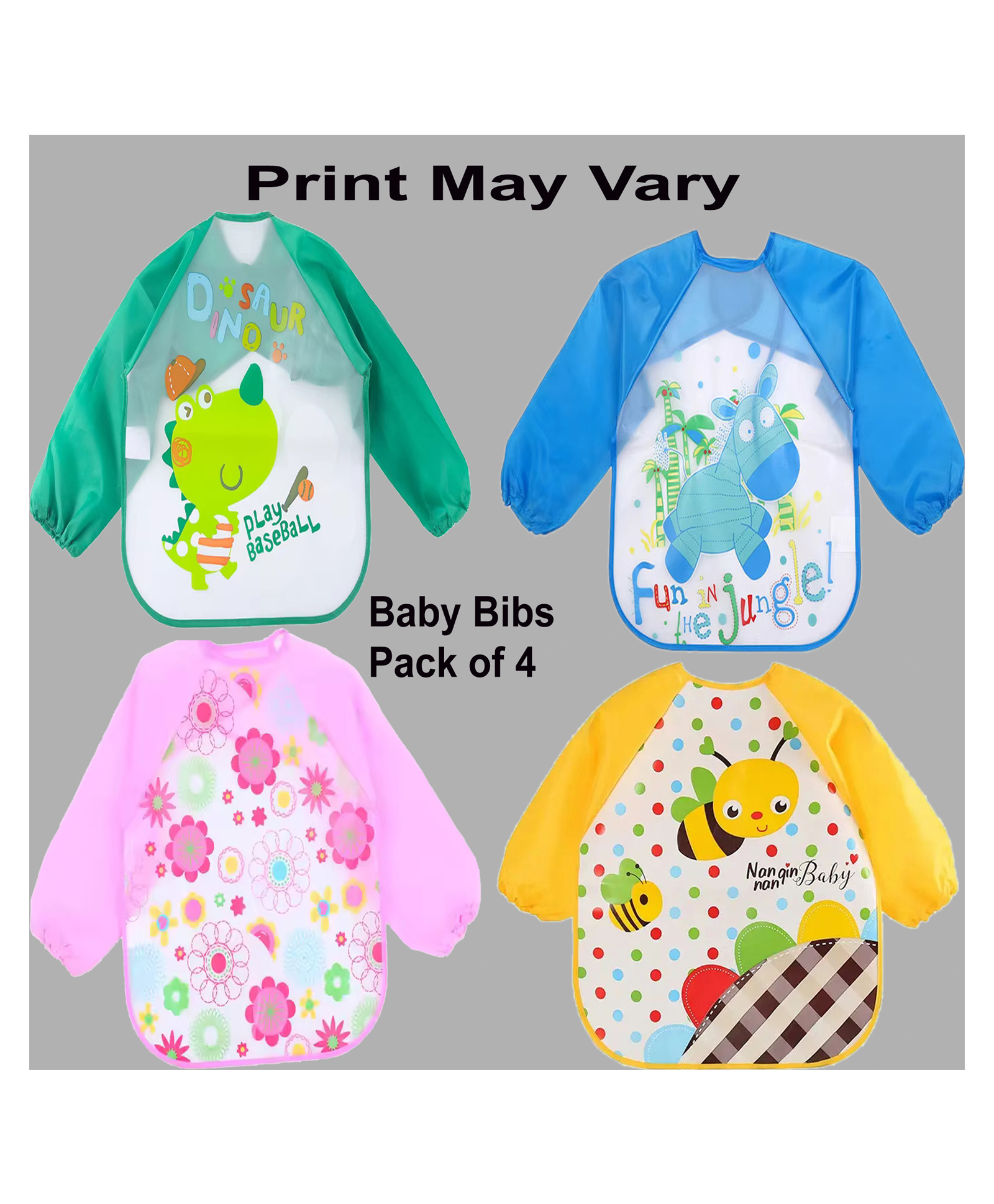 Sparkle Joy Full Sleeves Washable PVC 100%Waterproof Apron/Bibs Pack of 4-Multicolour-(Print May vary)-image-37