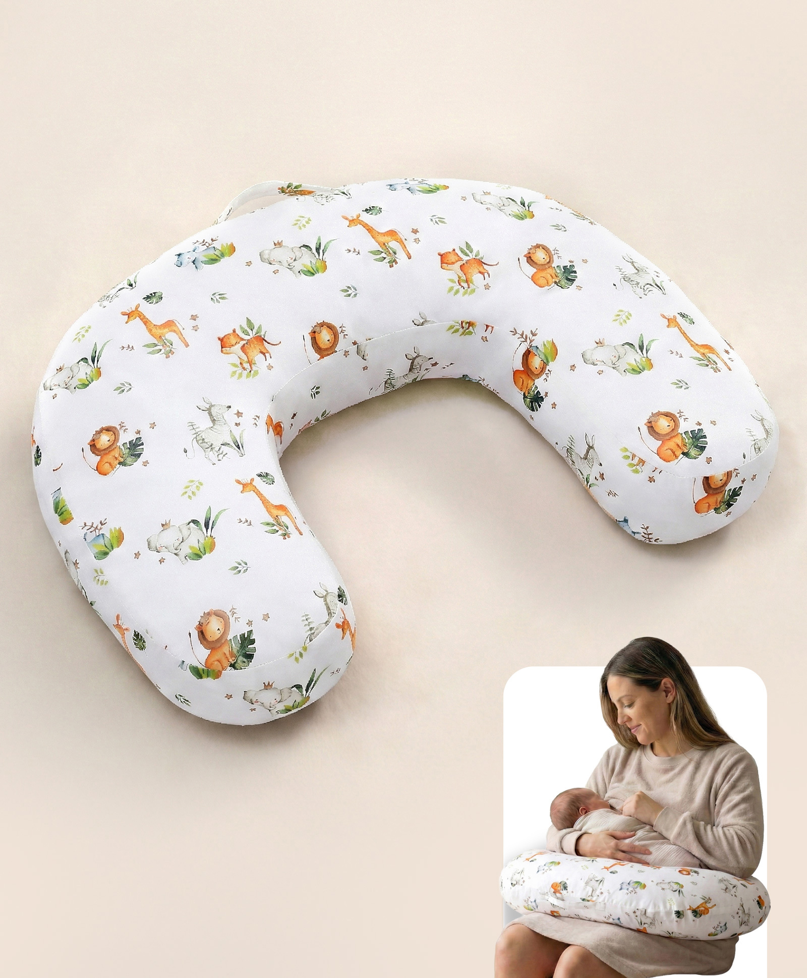 Bonfino Premium Organic Cotton C Shape Feeding Pillow African Safari Print - Green & White| Maintain Feeding Posture| Versatile Use| Delicate on Baby Skin| Washable Cover| Sitting Aid for Toddlers-image-22