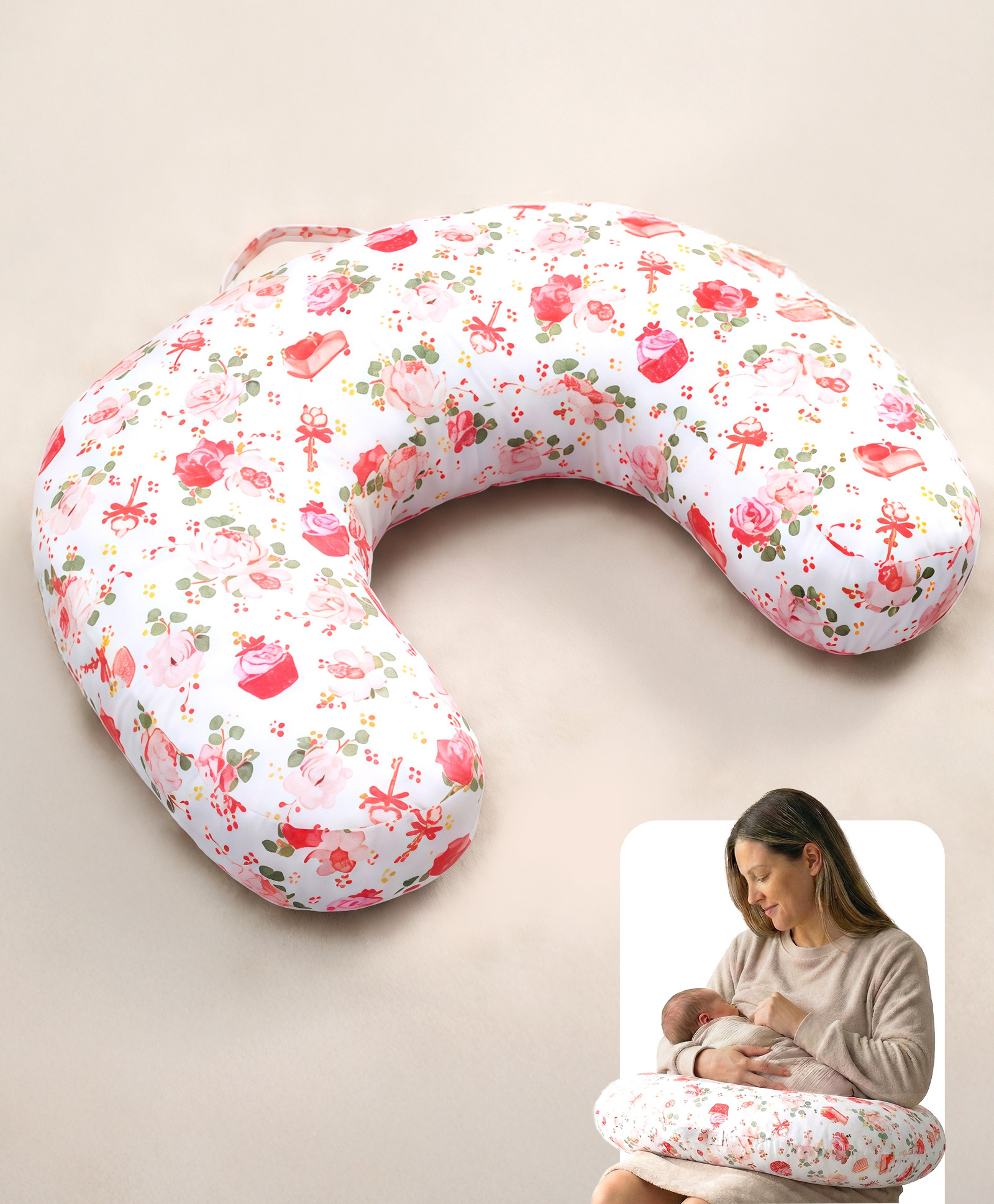 Bonfino Premium Organic Cotton C Shape Feeding Pillow Cupcake Print - Pink & White| Maintain Feeding Posture| Versatile Use| Delicate on Baby Skin| Washable Cover| Sitting Aid for Toddlers-image-3