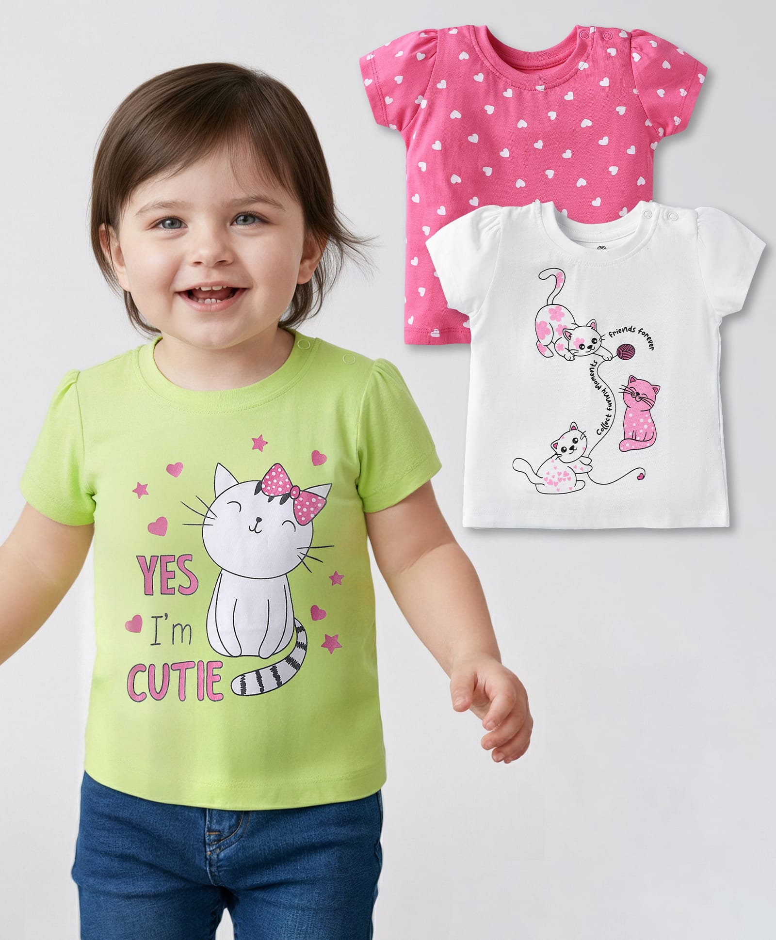 Doodle Poodle 100% Cotton Knit Half Sleeves T-Shirts With Cat & Heart Print Pack of 3 - Pink White & Limegreen-picture-21