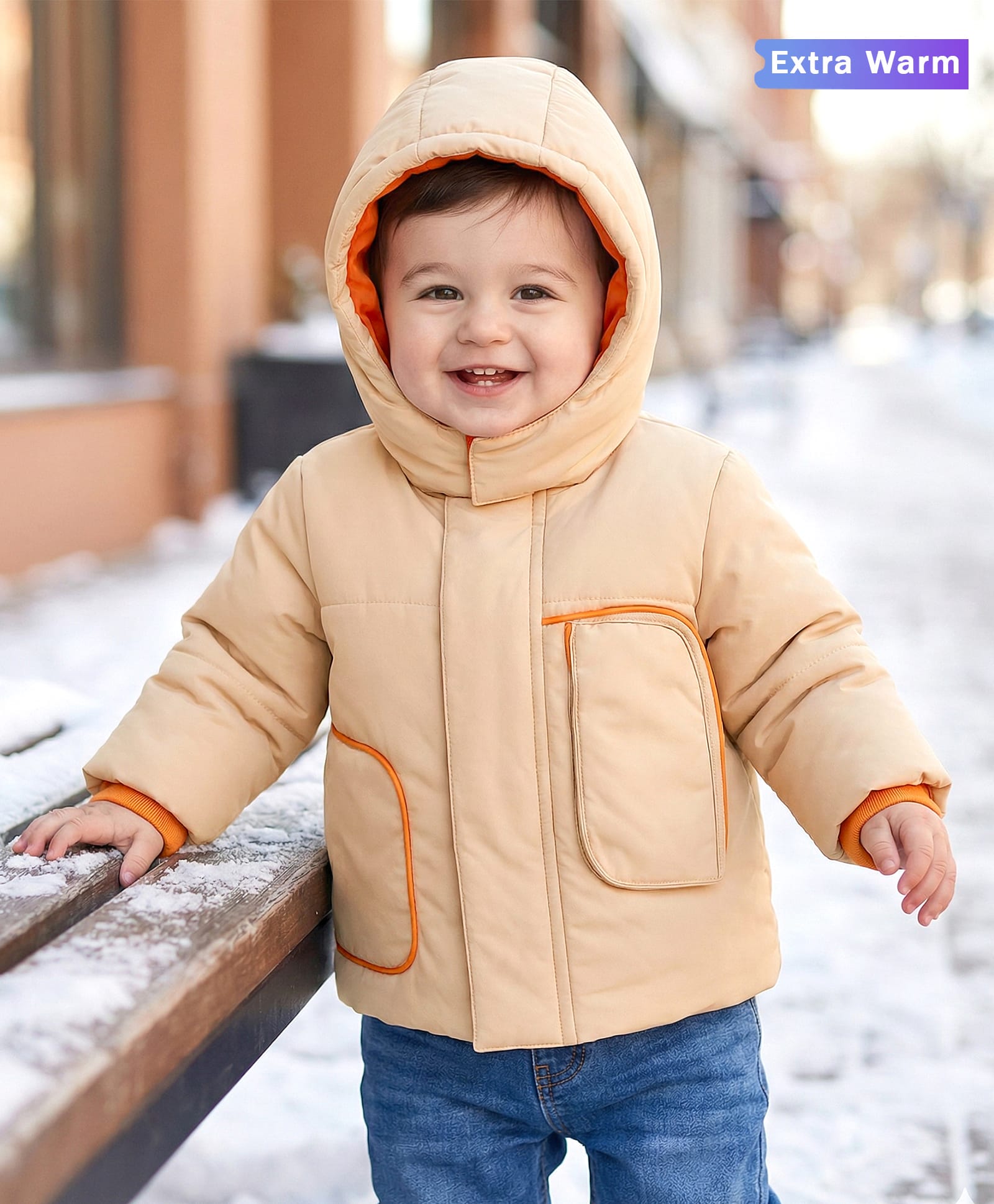 Babyoye Woven Full Sleeves Solid Hooded Padded Jacket - Orange-picture-18