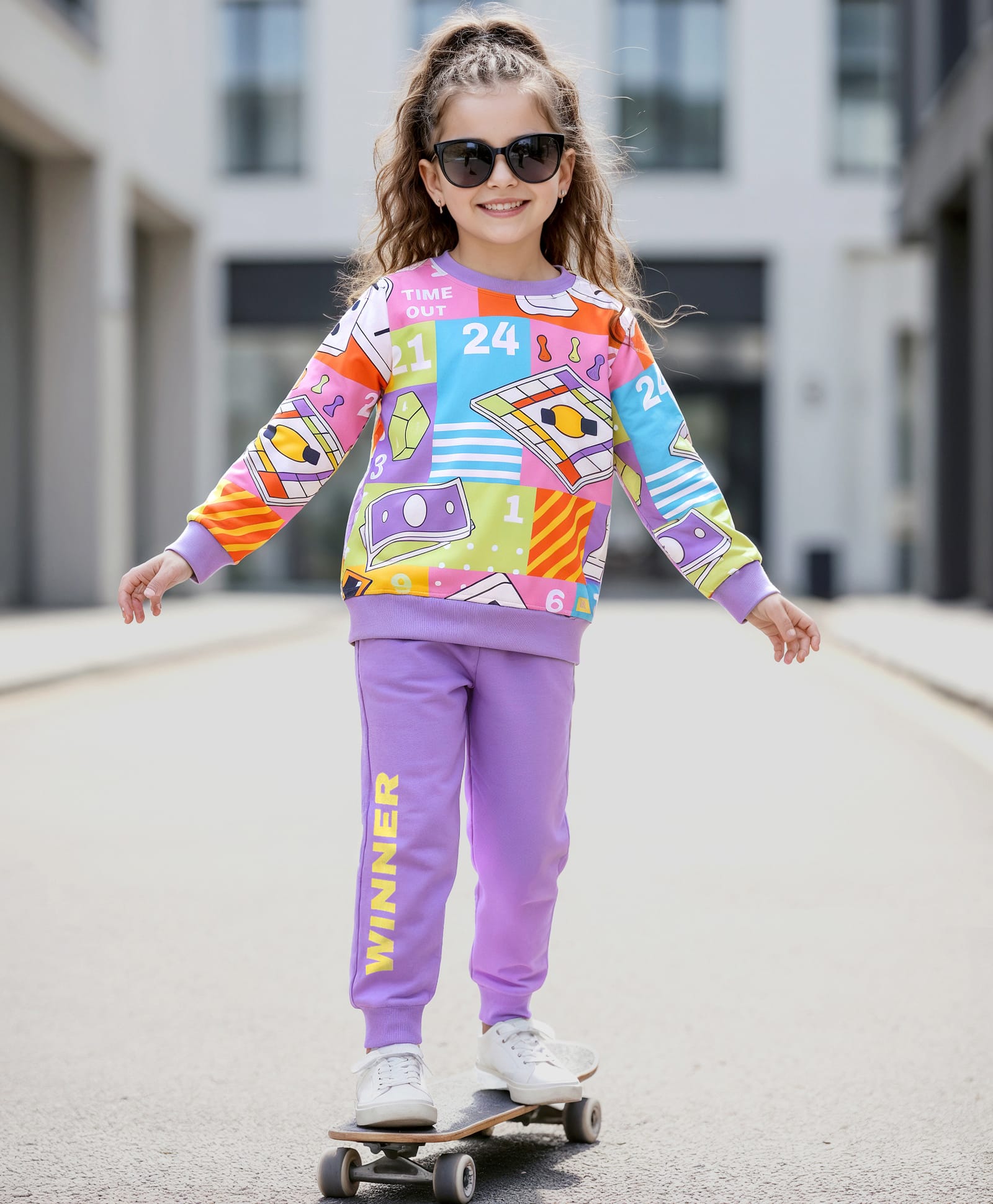 OLLINGTON ST. Cotton Full Sleeves Sweatshirt With Print & Knit Joggers Set- Lavender-image-23