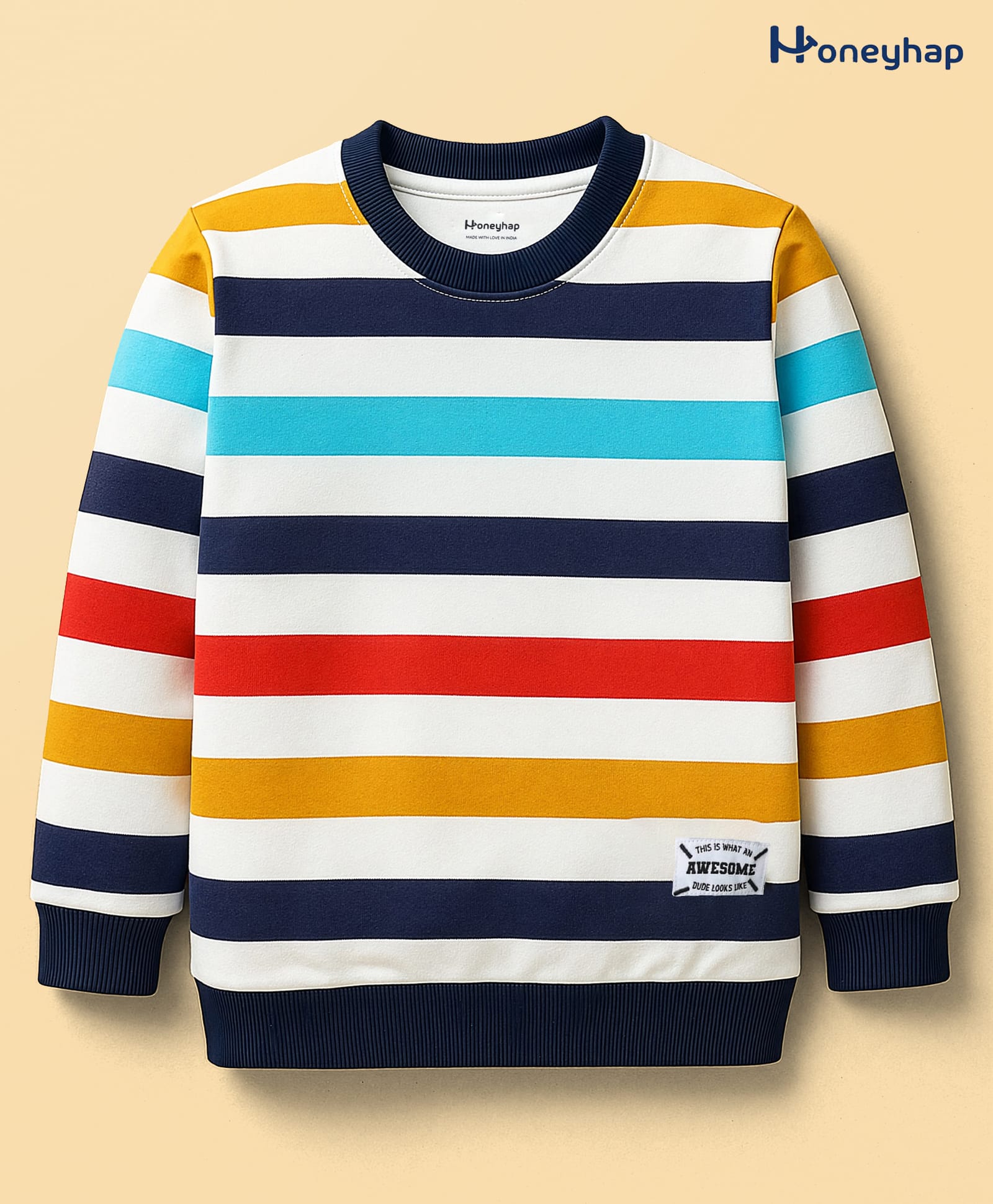Honeyhap Premium 100% Cotton Knit Full Sleeves Pullover Sweatshirt with Bio Finish & Stripes - Bright White Navy Peony High Risk Red & Golden Orange-image-13