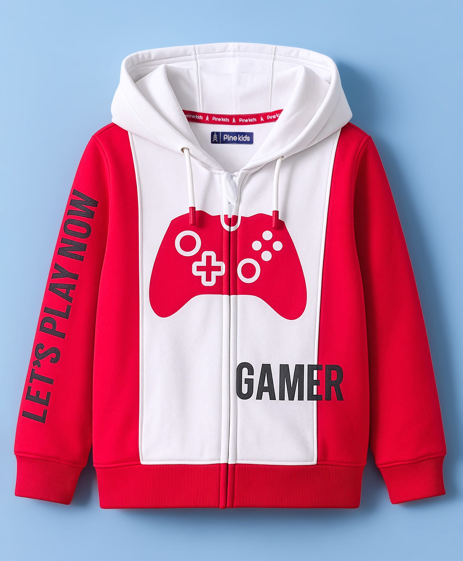 Pine Kids Cotton Knit Full Sleeves Cut & Sew Hooded SweatJacket Gaming Print - Red
