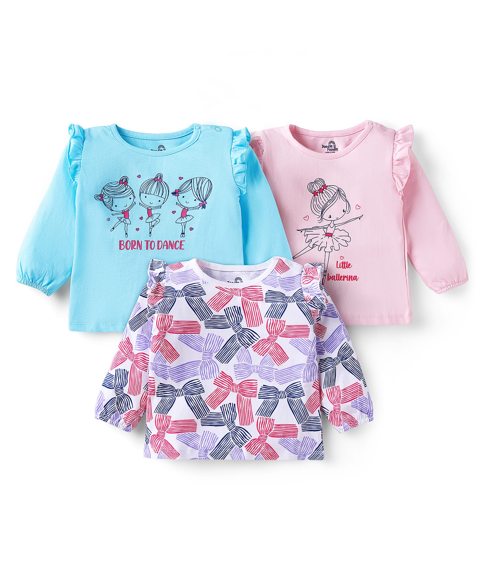 Doodle Poodle 100% Cotton Knit Full Sleeves Tops with Bow & Ballerina Print & Frill Detailing Pack of 3 -Baby Pink White & Light Blue-picture-20