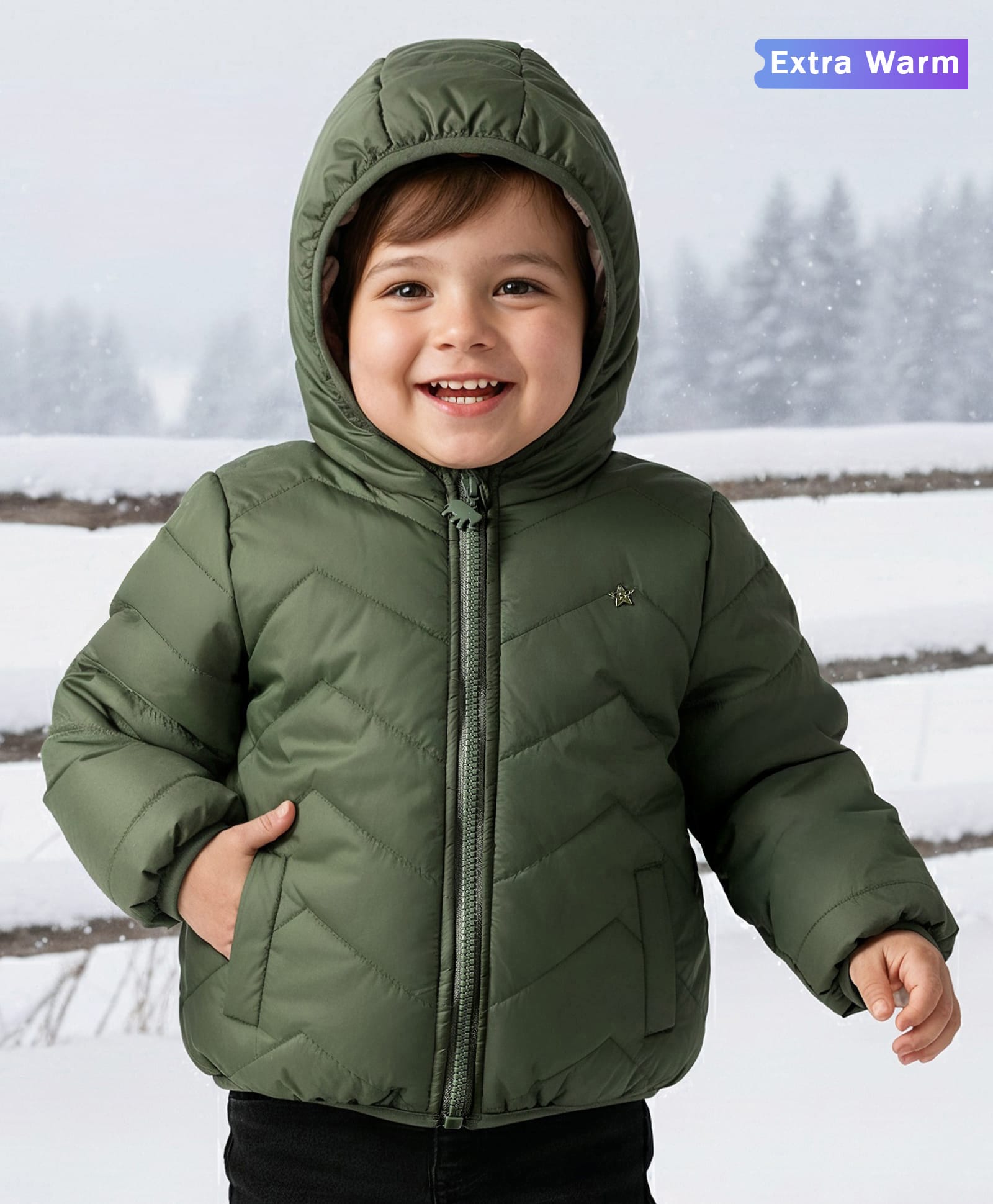 Babyoye Woven Full Sleeves Solid Hooded Padded Jacket - Green-picture-17