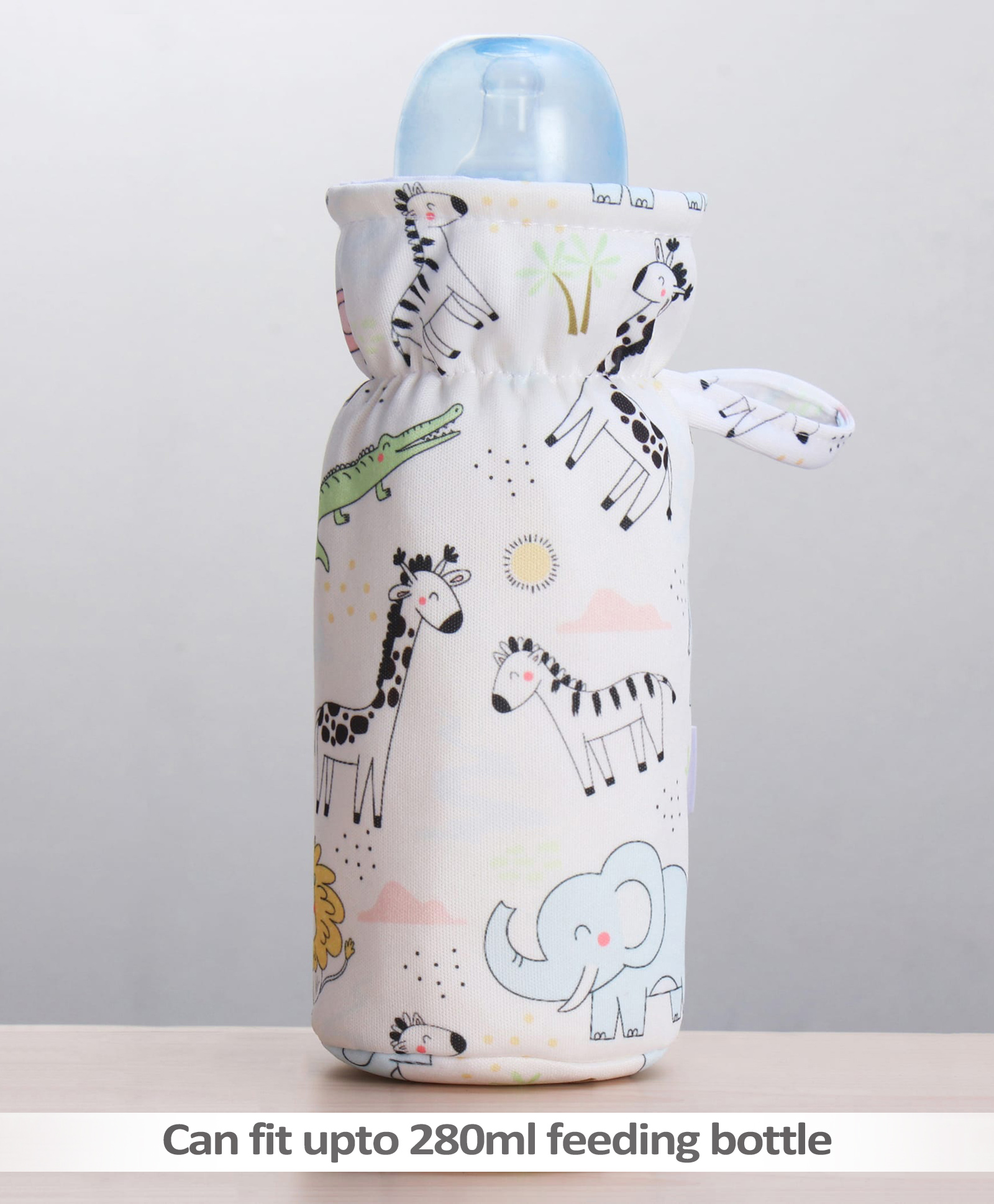 ZOE Bottle Cover Animal Print Large - White - Fits upto 330 ml| Stylish Insulated Bottle Cover| New Born Boys and Girls| Elastic Closure and Carry Tag| Washable| for Standard and Wide Neck Bottles-image-35