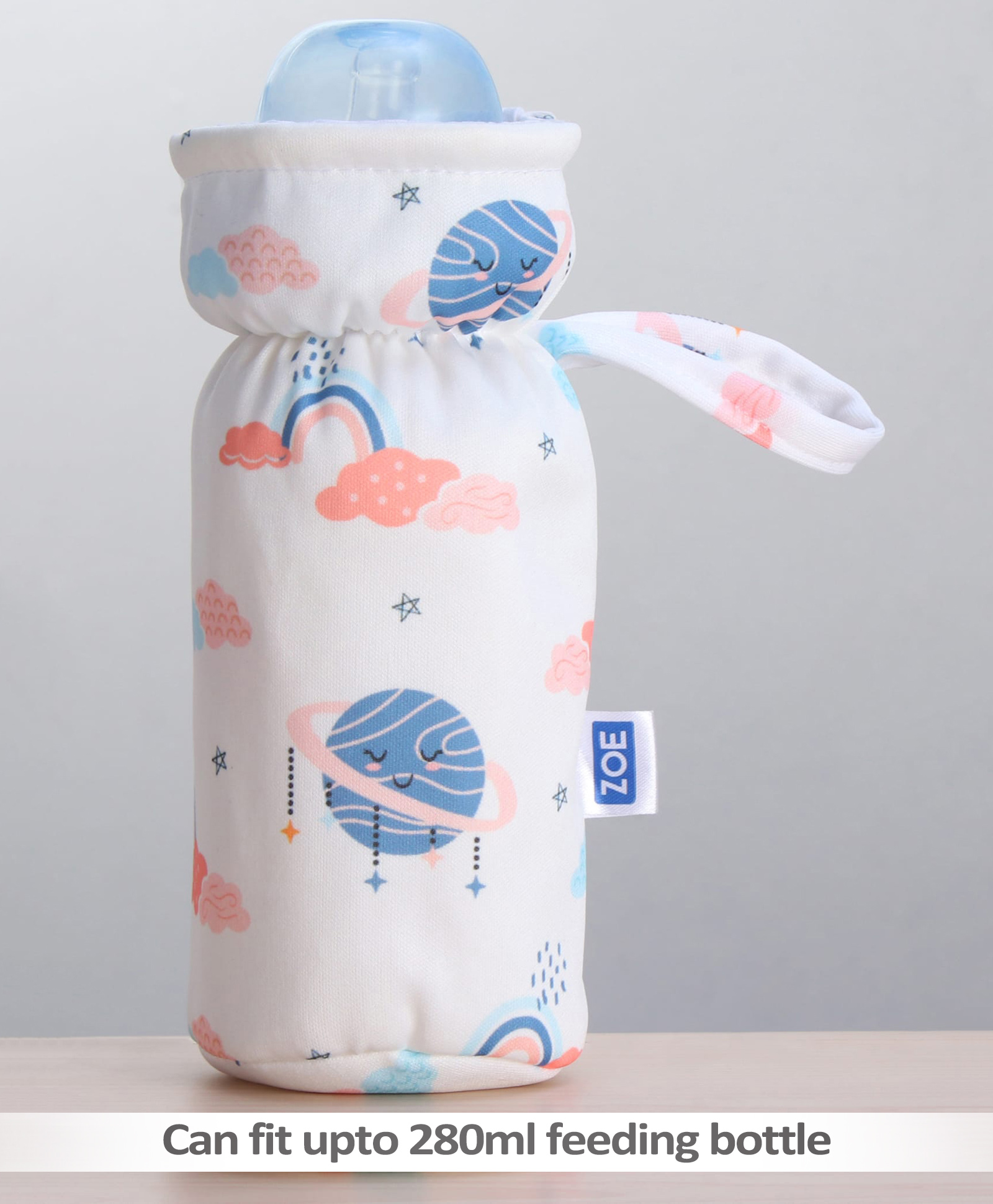 ZOE Bottle Cover Planet Print Large - White - Fits upto 330 ml| Stylish Insulated Bottle Cover| New Born Boys and Girls| Elastic Closure and Carry Tag| Washable| for Standard and Wide Neck Bottles-image-36