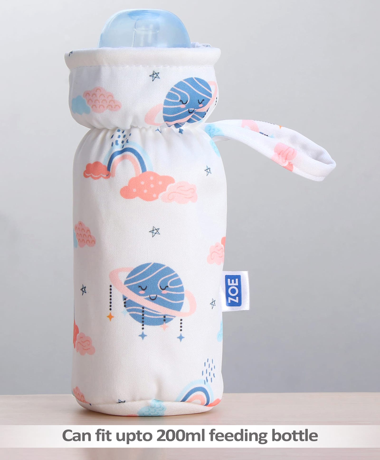 ZOE Bottle Cover Planet Print Medium - White| Fits 120ml to 260ml Bottle| Stylish Insulated Bottle Cover| New Born Boys & Girls| Elastic Closure and Carry Tag| Washable| for Standard Feeding Bottles-picture-25