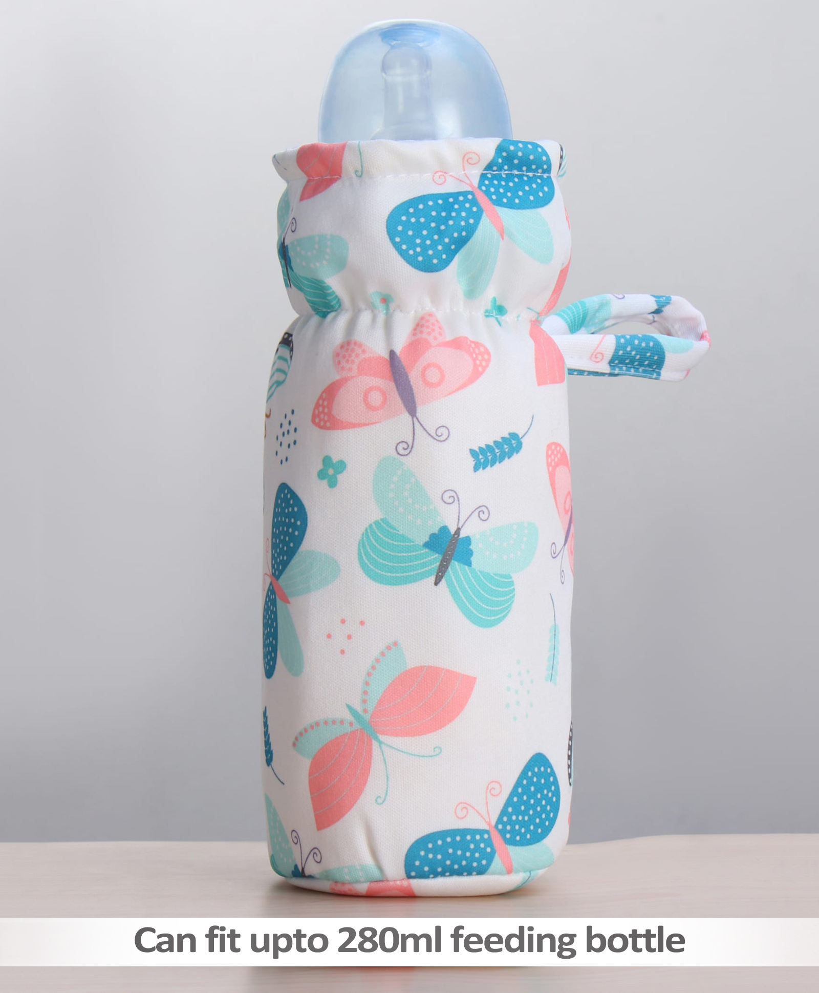 ZOE Bottle Cover Butterfly Print Large - White - Fits upto 330 ml| Stylish Insulated Bottle Cover| New Born Boys and Girls| Elastic Closure and Carry Tag| Washable| for Standard and Wide Neck Bottles-picture-26