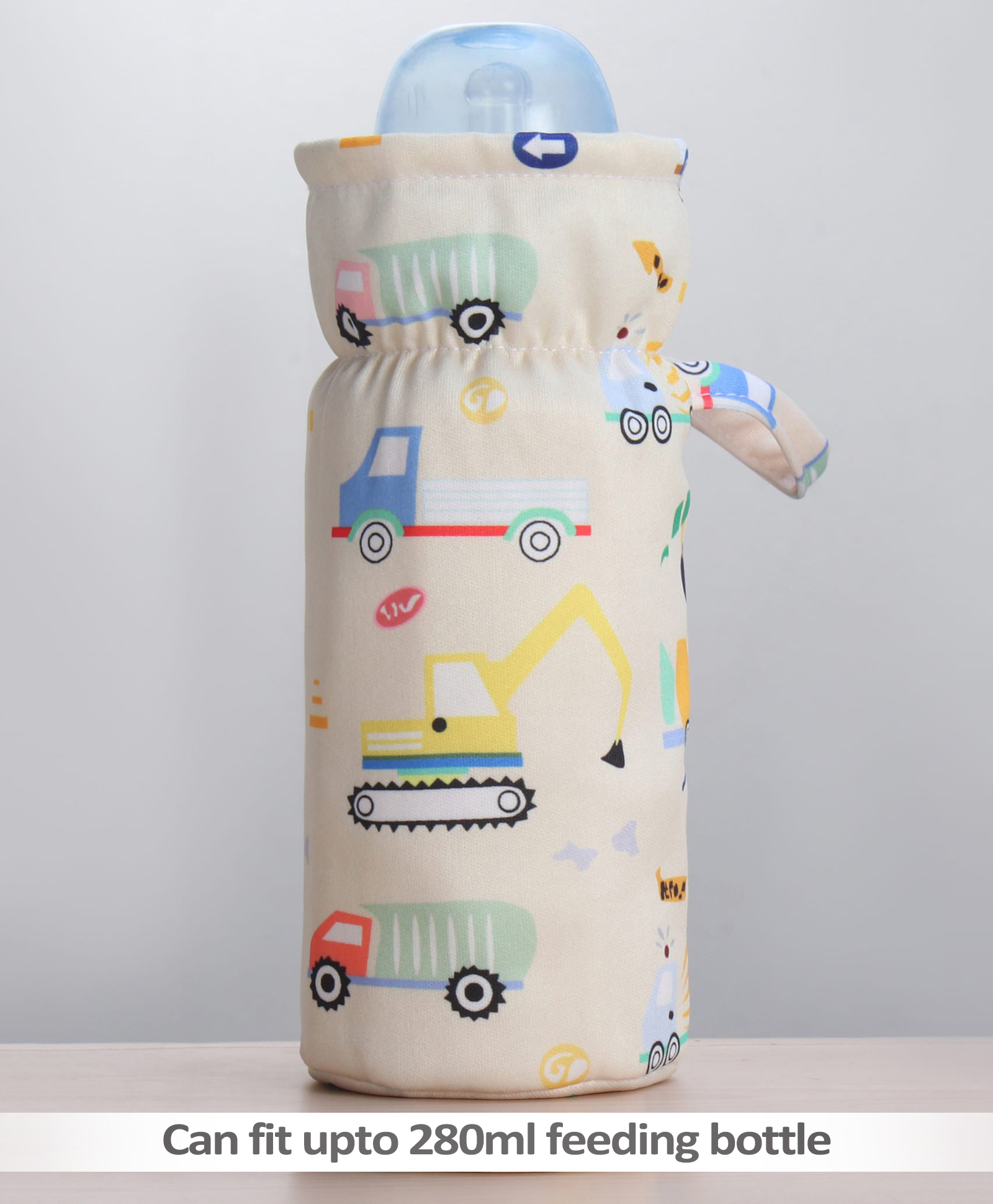 ZOE Bottle Cover Construction Print Large White - Fits upto 330 ml| Stylish Insulated Bottle Cover| New Born Boys and Girls| Elastic Closure and Carry Tag| Washable| for Standard and Wide Neck Bottles-picture-21