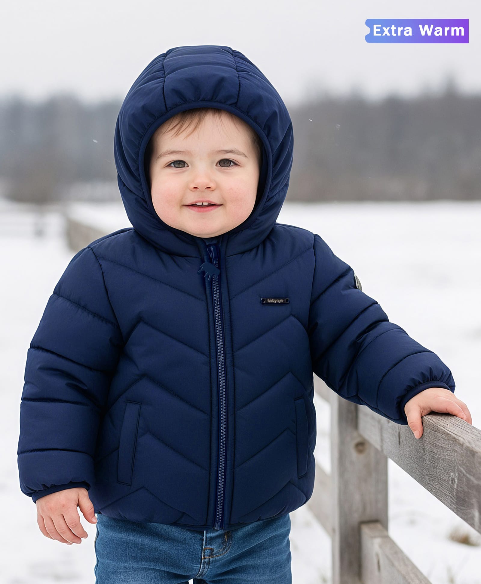 Babyoye Woven Full Sleeves Solid Coloured Hooded Padded Jacket - Navy Blue-picture-27