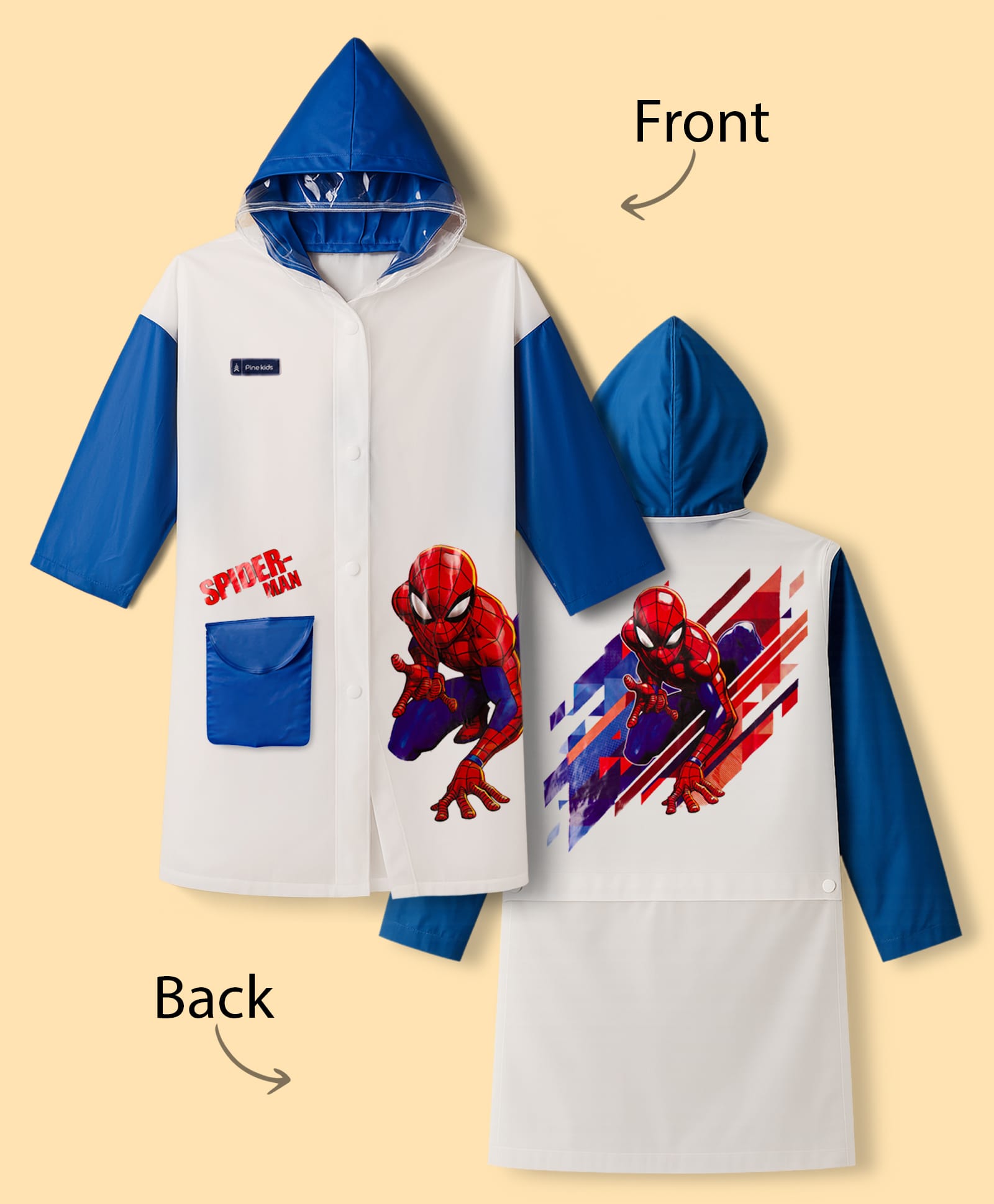 Pine Kids Marvel Full Sleeves Hooded Raincoat with Front & Back Spiderman Graphics - White-image-23